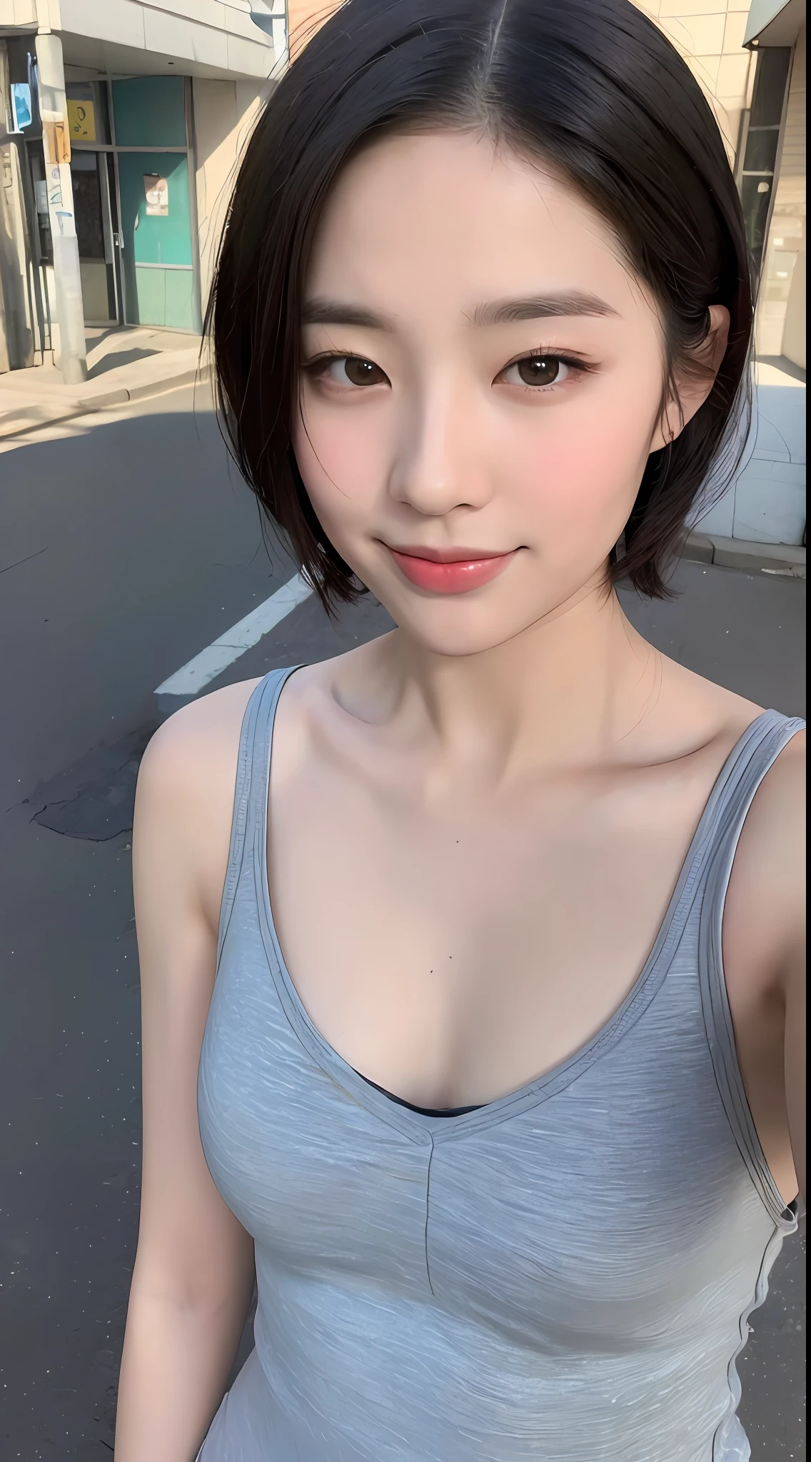 ((Best quality, 8k, Masterpiece :1.3)), Sharp focus :1.2, Perfect Body Beauty: 1.4, Slim Abs: 1.2, (Layered short hair: Smile with mouth closed: 1.2)), (Tank top shirt:1.1 ), (Street:1.2), Highly detailed face and skin texture, Detailed eyes, Double eyelids, slightly raised head,