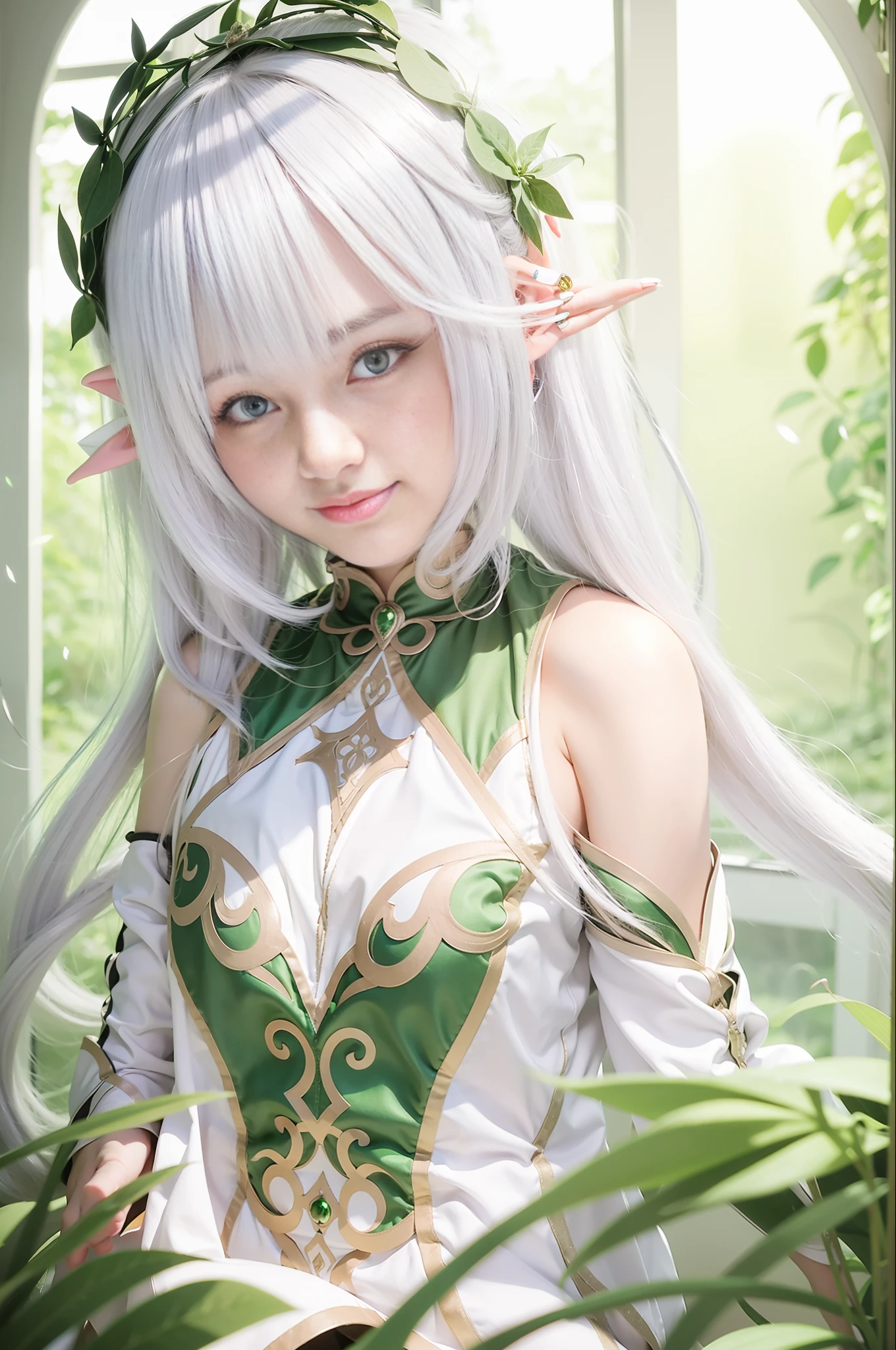 "Best image quality, super high resolution, (realistic: 1.4), girl with long white hair and green dress in front of window, seductive elf princess, elf girl, elf princess, elf princess knight, elf character with giggle, elf queen, portrait of elf queen, elf girl in flower dress, she has elf ears and golden eyes, portrait of elf".