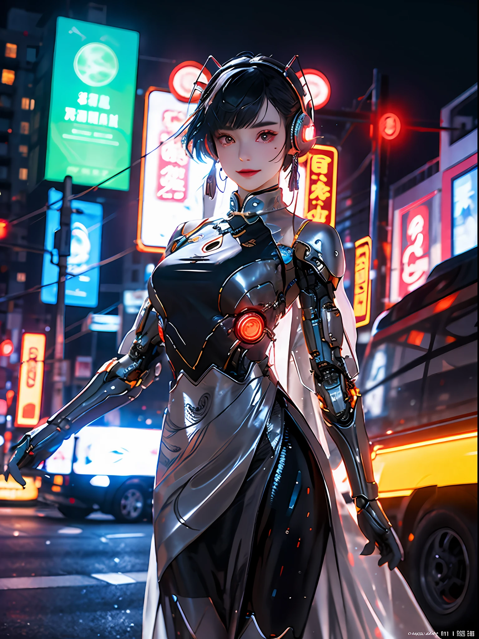 Best quality, high quality, cyberpunk, city, cityscape, moon in background, big moon in the back, moon, 1 girl, Chinese_clothes, liquid silver metallic and rainbow, cyberhan, cheongsam, cyberpunk city, dynamic pose, detailed luminous headphones, luminous hair accessories, long hair, glowing earrings, glowing necklace, cyberpunk, high-tech city, full of mechanical and futuristic elements, futurism, technology, glowing neon signs, rainbow colors, rainbow color light, sexy skirt, Translucent black cape, laser light, digital background city sky, big moon, with vehicle, best quality, masterpiece, 8K, character edge light, super high detail, high quality, the most beautiful woman in human beings, smile, face facing forward, ear corner decoration, long antenna glow, beautiful pupils, light effects, visual data, silver rainbow hair dye, ultra-detailed facial texture, happy and proud, weapon system, crowded street passers-by, mecha style, overhead luminous antenna, deep eyes, city details, candy color neon color, rainbow lights, there is only one character, and the picture has only one protagonist