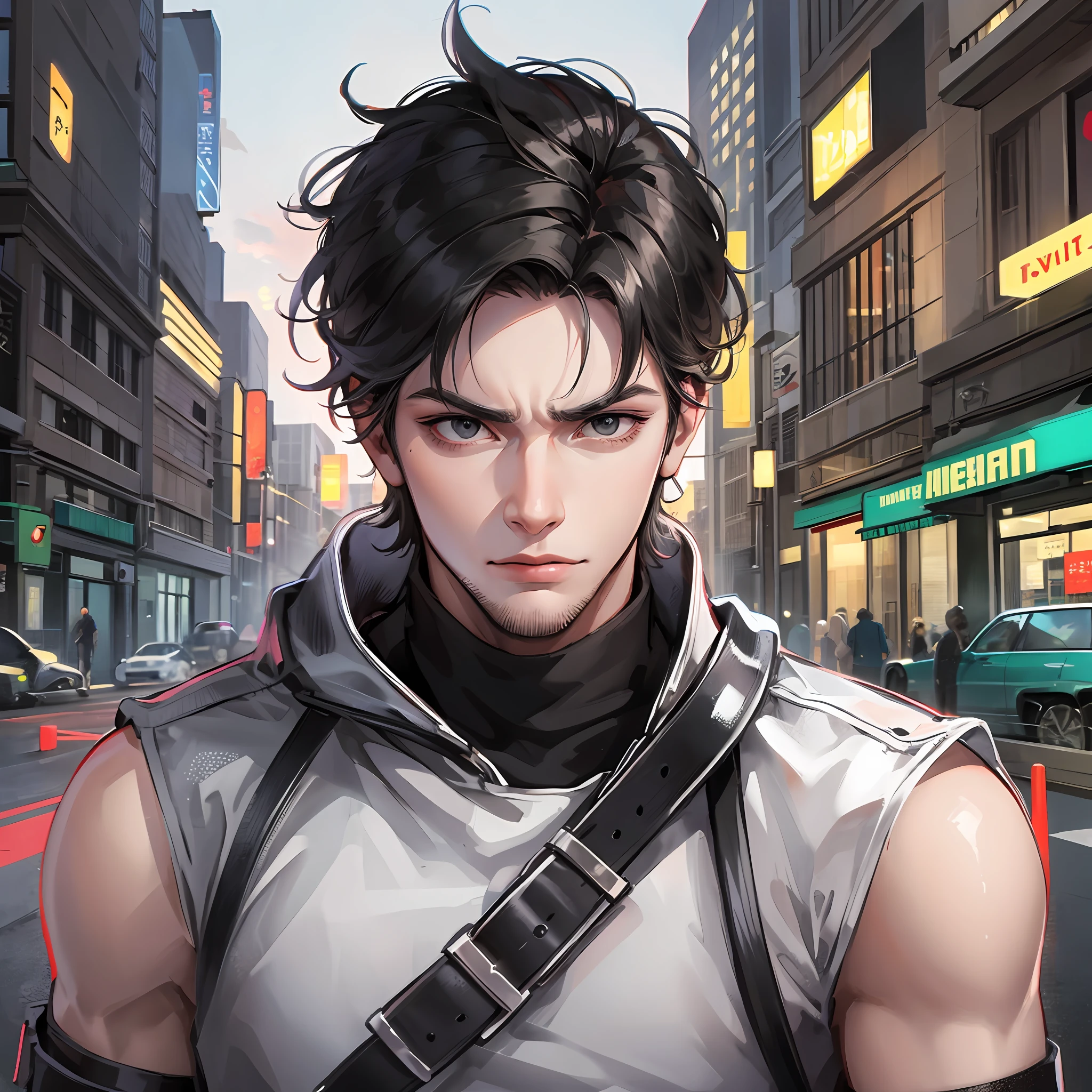 Mature male, handsome, serious, street, doomsday, dark, short black hair, black eyes, masterpiece best quality, 8k, very detailed, high quality, high resolution