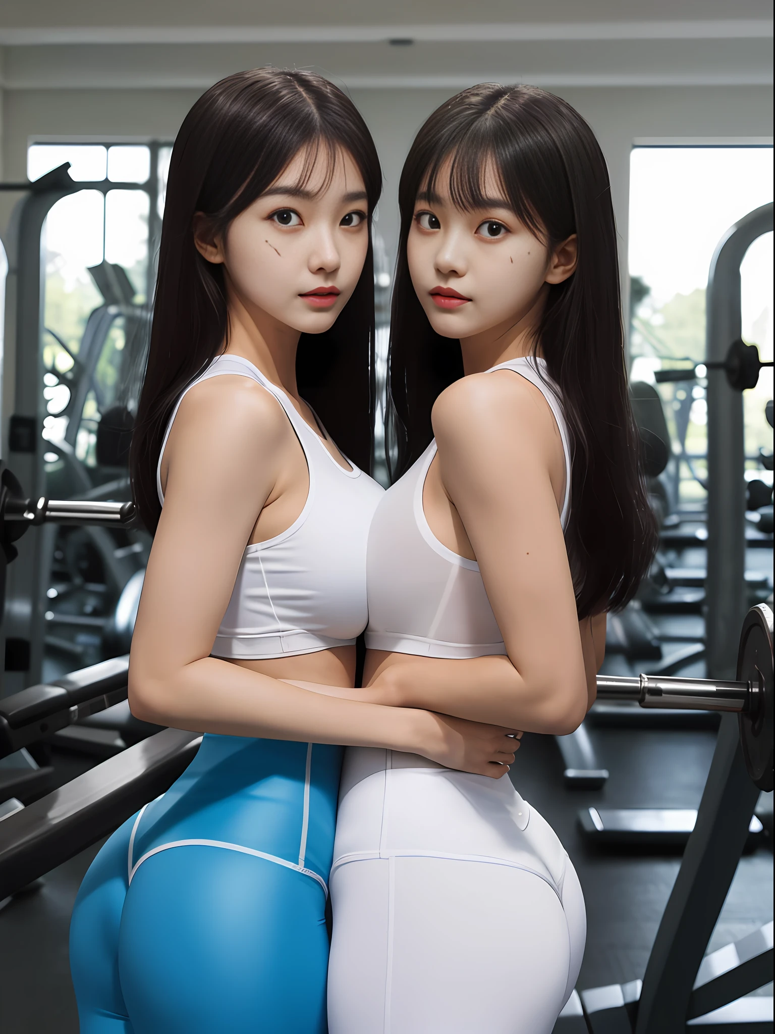 Masterpiece,raw photo, best quality, highres, absurdres,Masterpiece, beautiful,(( detailed face:1,2girls, looking at viewer,gym,white clothes, upper body, cowboy shot, indoor,side view, (girls close to each other),wide ass,see through leggings,big breasts,ulzzang-6500, pureerosface_v1