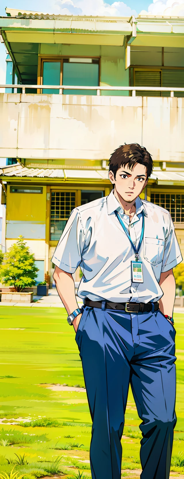 (masterpiece),(best quality:1.0), (ultra highres:1.0), detailed illustration, 8k, 1boy, anime boy, wearing white shirt tucked in, navy blue pants, formal, serious look, detailed face, black eyes, detailed eyes, detailed hair, highlights in hair, highly detailed, anime style, vibrant