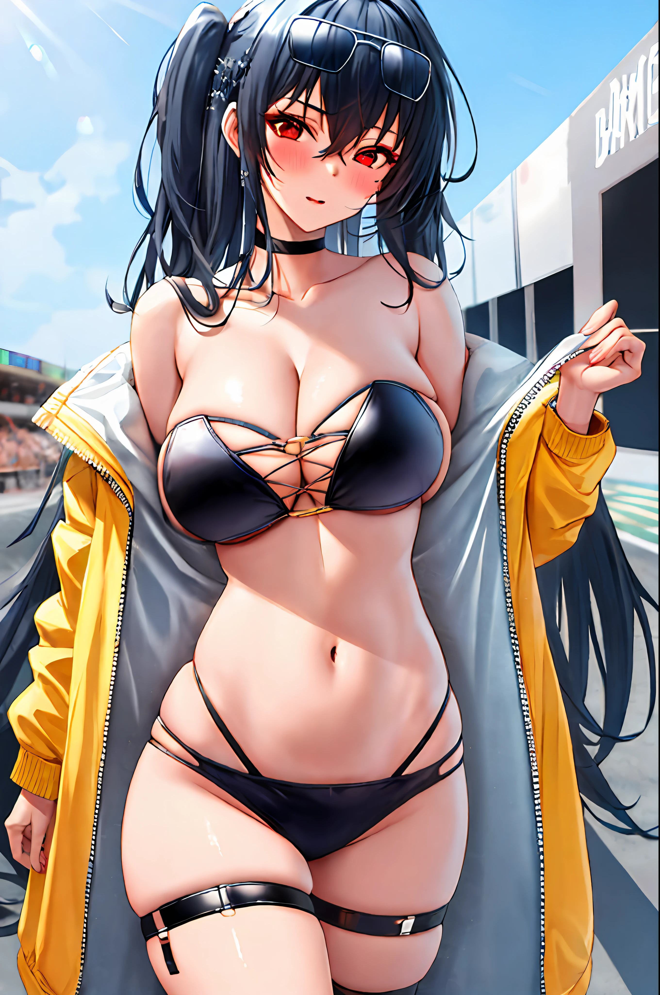 1girl, bangs, strapless, bikini, bikini bottoms only, black bikini, black choker, black hair, black stockings, blush, boobs, choker, cleavage, clavicle, cross bangs, wearing glasses, between eyes hair, highleg, highleg bikini, jacket, big breasts, long hair, long sleeves, looking at viewer, multi-strap bikini, navel, strapless, official alternate outfit, back, open dress, open jacket, race queen, red eyes, red Jacket, belly, sunglasses, swimsuit, queen\(azur lane\), queen\(enraptured companion\) \(azur lane\), thigh straps, stockings, thighs, super long hair, masterpiece, best,