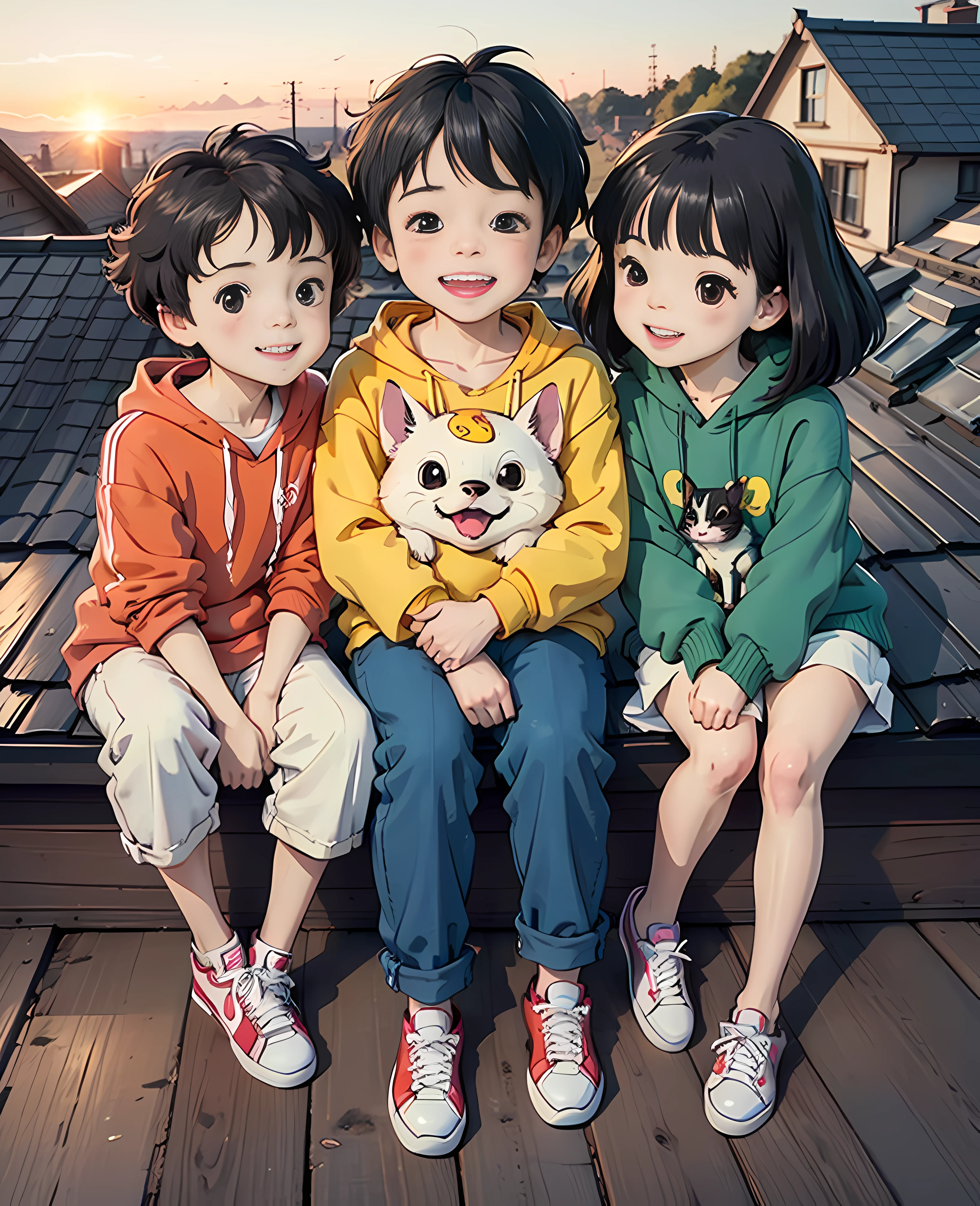 Two happy little boys and a little girl sat on the roof, taking full body photos and laughing happily. The boy wore a yellow short Sweatshirt, red sneakers, and the girl wore a white sweatshirt, jeans, white sneakers, black hair, a house, flowers, Hayao Miyazaki and other small animals. A happy little boy with a round face, big eyes, long eyelashes, sunset and sunset,