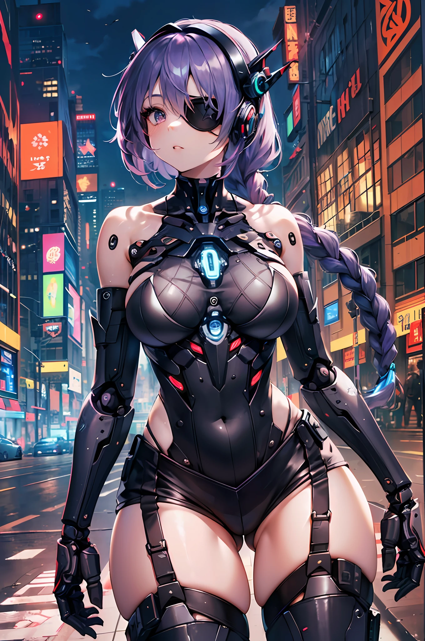 Top quality, masterpiece, super detailed, accurate depiction, highly detailed 8k wallpaper, beautiful mechanical woman, solo, mechanical eyepatch, (long single braid), purple hair, beautiful girl, (exoskeleton leotard and short_shorts:1.1), (mechanical joints, machine limbs), five fingers, mechanical headgear, (exposed bare shoulders, exposed thighs:1.2), cyberpunk city,