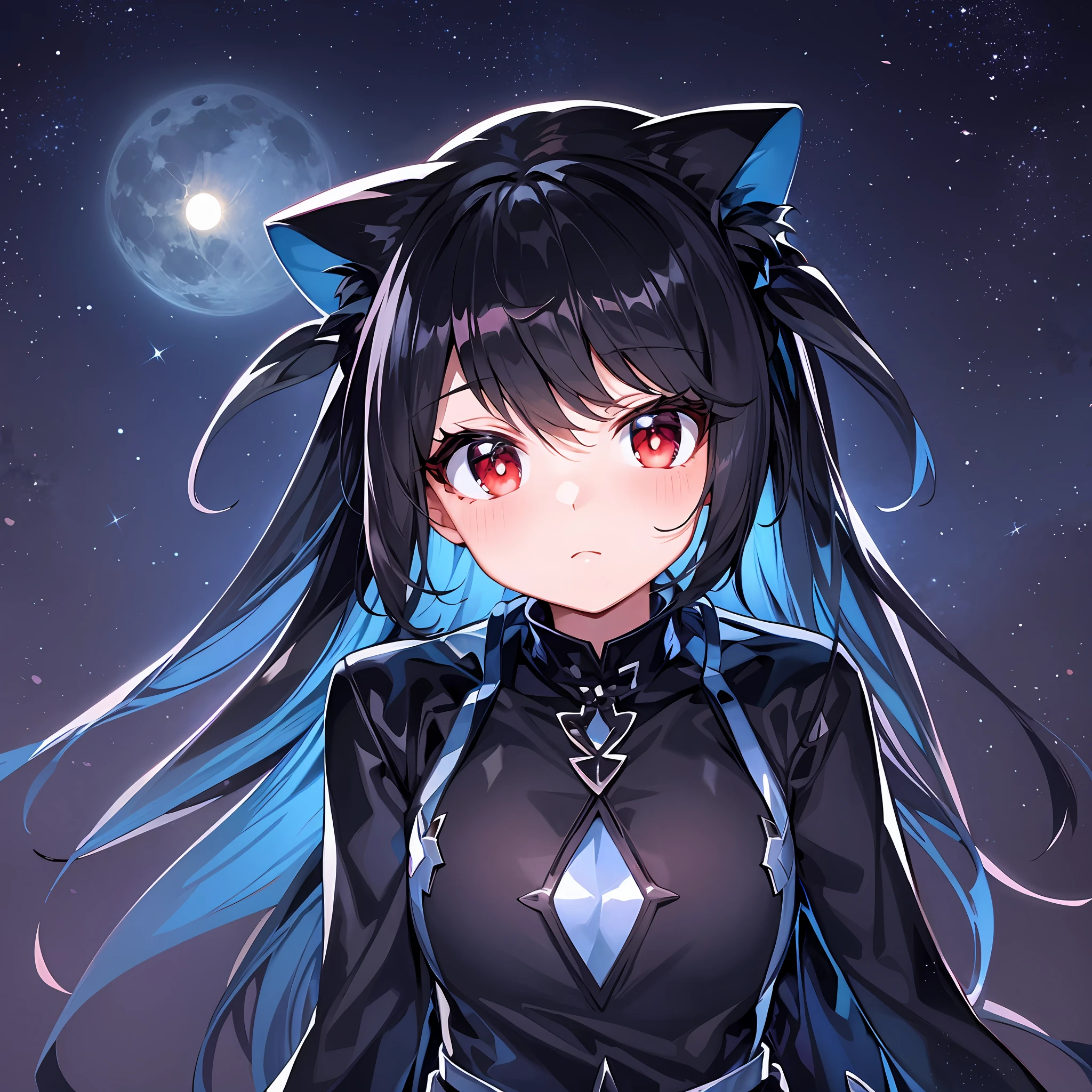 black hair, space backdrop, big moon, red eyes,