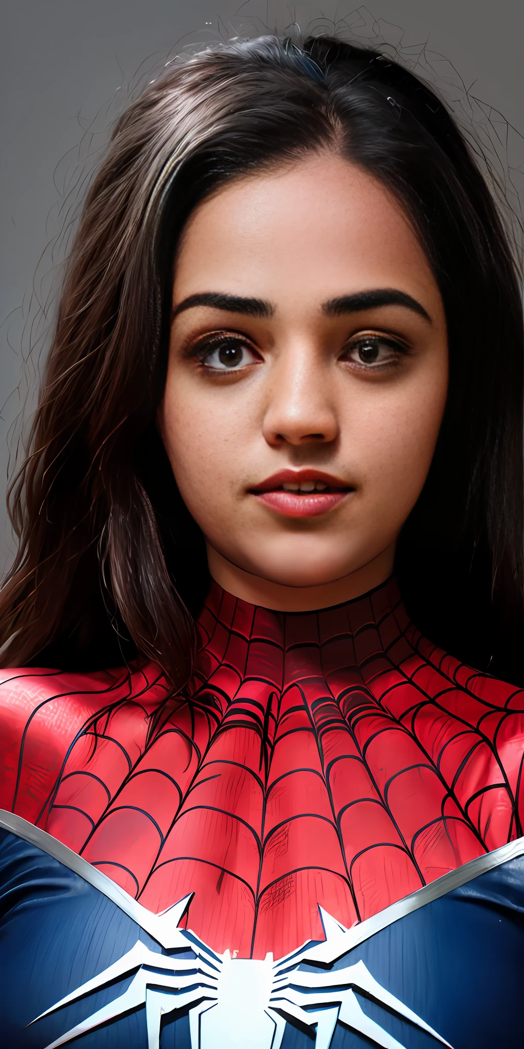 Ultra realistic,Nithya (1women), white and red bindi, solo, (((extremely detailed face))),(((body till knee body))),beautiful detailed eyes,body-parts__, official art, very big boobs, unified 8k wallpaper, super detailed, beautiful and aesthetic, beautiful, masterpiece, best quality, raw, masterpiece, super fine photo, best quality, super high resolution, photorealistic realism, sunlight, (from the front), ((she is wearing a Spider-man suit, red and black color scheme)), spider, very detailed abandoned warehouse background, Detailed face, detailed complex busy background, messy, gorgeous, milky white, highly detailed skin, realistic skin details, visible pores, sharp focus, volumetric fog, 8k uhd, DSLR, high quality, film grain, fair skin, photo realism, lomography, huge metropolis in future dystopia, seen from below, translucent