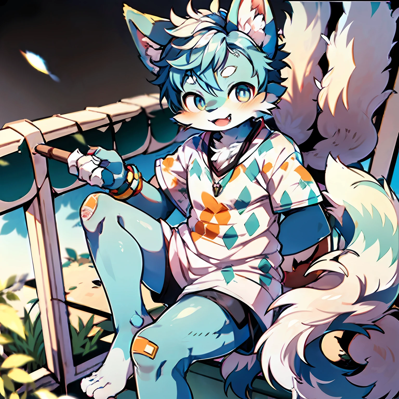 Inside the Ferris wheel, city, night, starry sky, single, orc Shota, light blue hair everywhere, light blue fur everywhere, super cute face, light blue cat ears, light blue short hair, silver necklace, left pupil golden, right pupil sky blue, band-aid on the bridge of the nose, squint, smile, powder blue shawl, white T-shirt, collarbone, woven bracelet, band-aid on the jaw, shorts, large and fluffy fox tail, three tails, white socks, sky blue low-state sneakers, 3D, background blur, look at the reader, look down