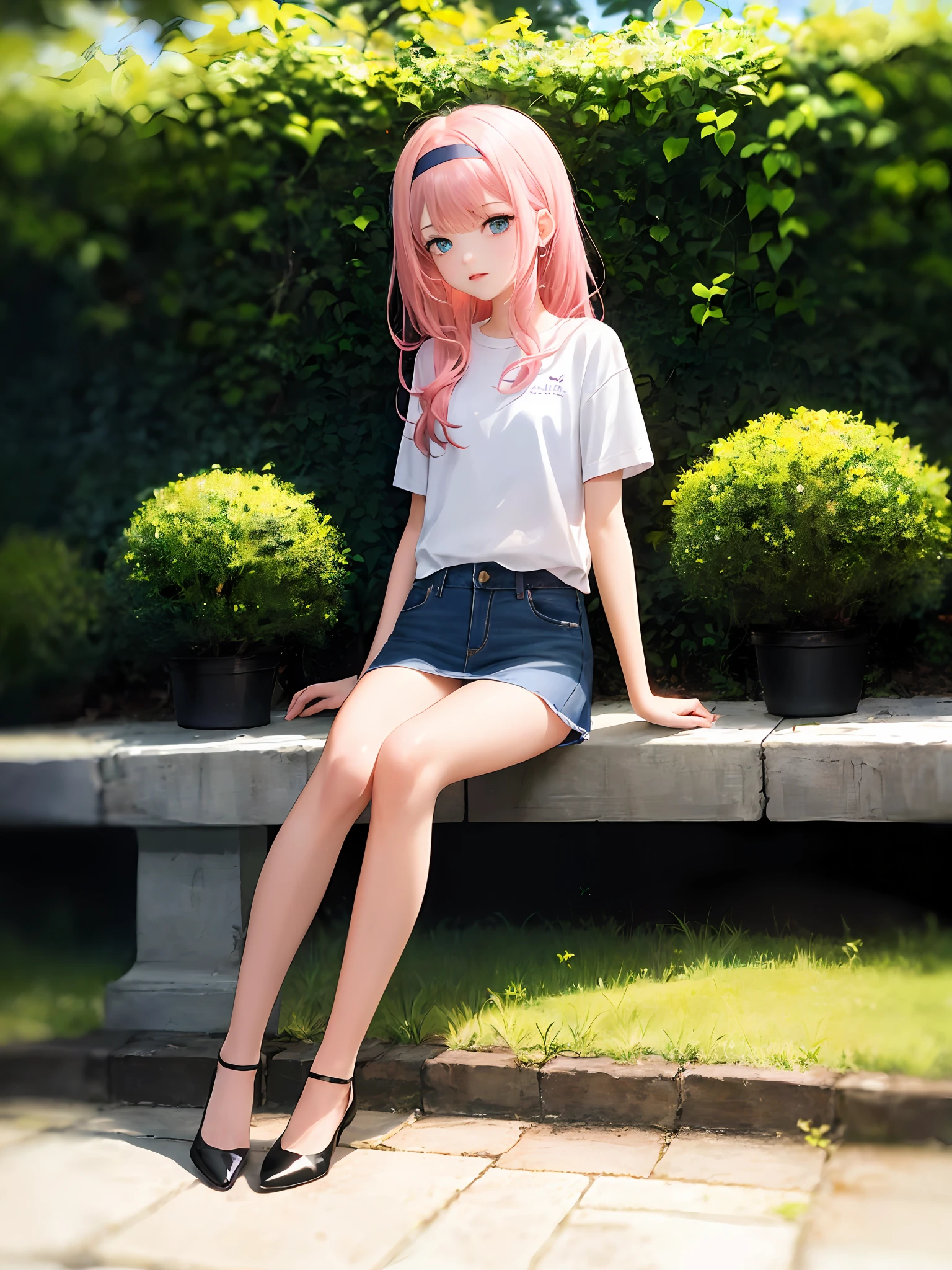1girl, (masterpiece: 1.1), (best quality: 1.1), (white shirt: 1.1), break [blue:pink:0.5] theme, (gradient background: 1.1), denim shot, white top, roupa preta, miniskirt, black headband, full body view, pink hair, long hair, blue eyes, cat's claw pose, delicate headdress, slender legs, perfect hands, five fingers, fair skin, looking to the side, sitting, garden background, outside, Clear background, bright colors