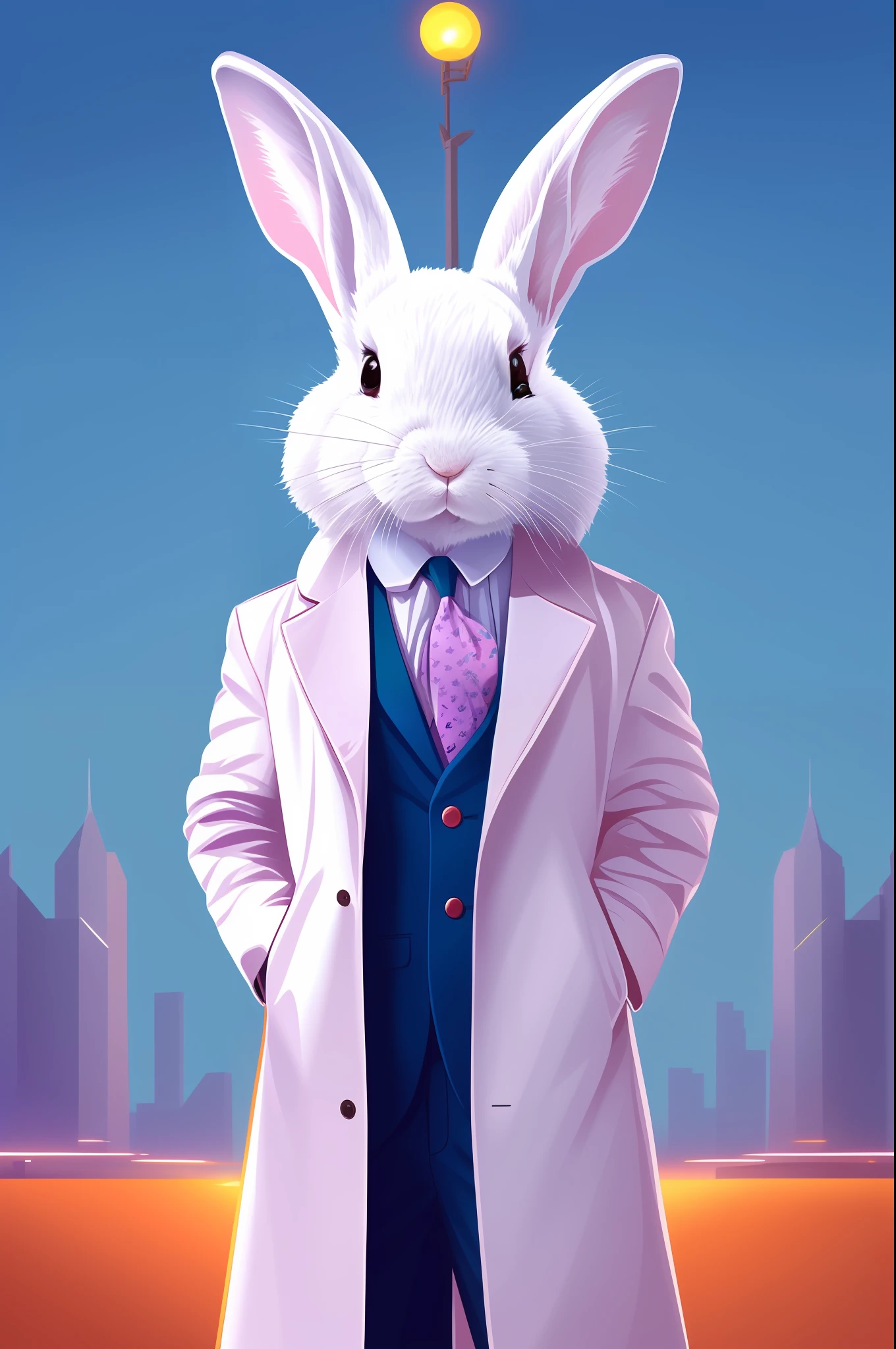 there is a rabbit in a suit and tie standing in front of a city, rabbt_character, anthropomorphic rabbit, bunny suit, electrixbunny, in style of cyril rolando, inspired by Cyril Rolando, white rabbit, movie poster character, rabbit, by Cyril Rolando, portrait of a bugs bunny, the white rabbit