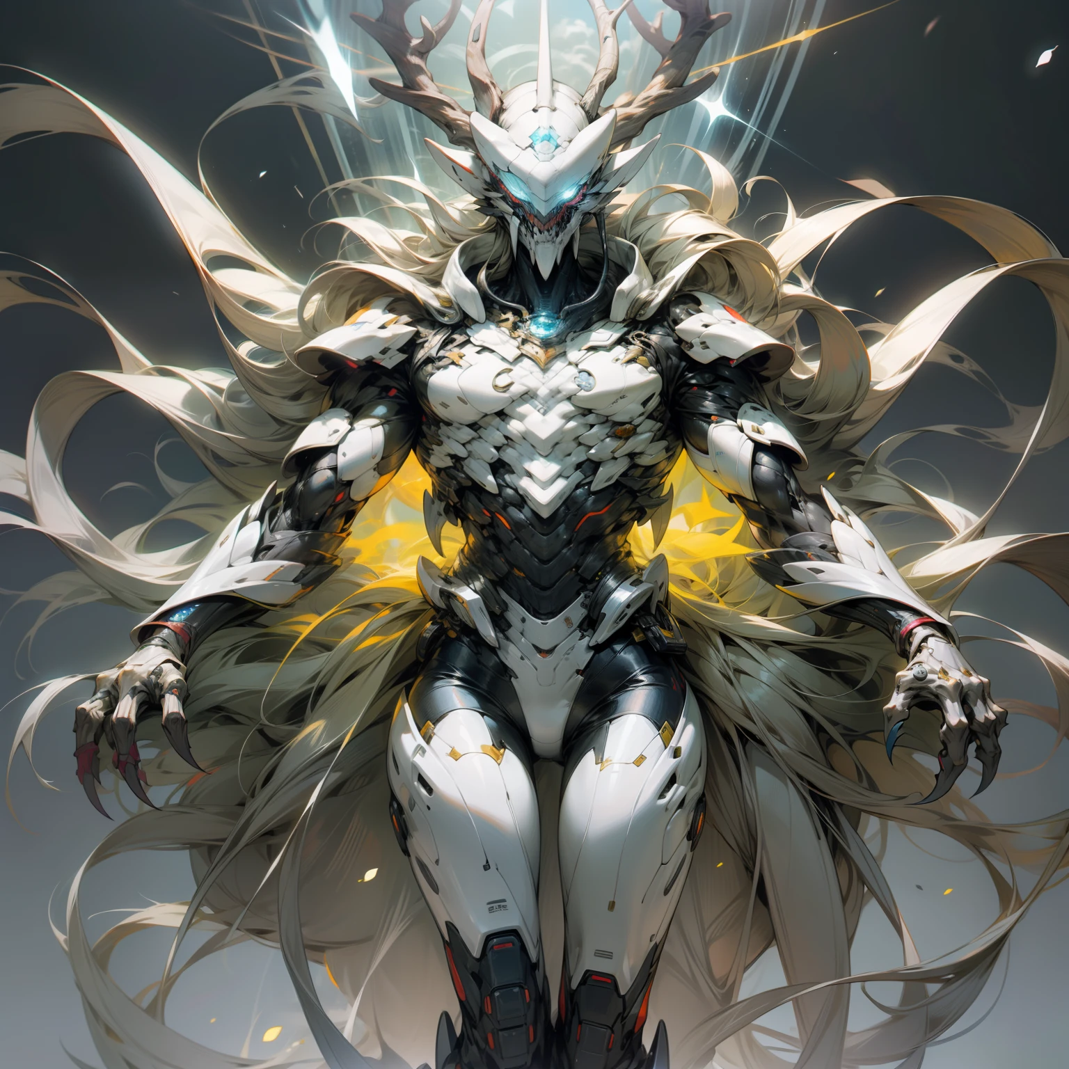Three-meter humanoid alien, slender body, elongated arms and legs, Horse nails on the feet, long hands with large sharp claws, white body with black stripes, white head with deer horns, no eyes, a blue jewel on the head, huge jaw full of teeth, electric aura, hairless
