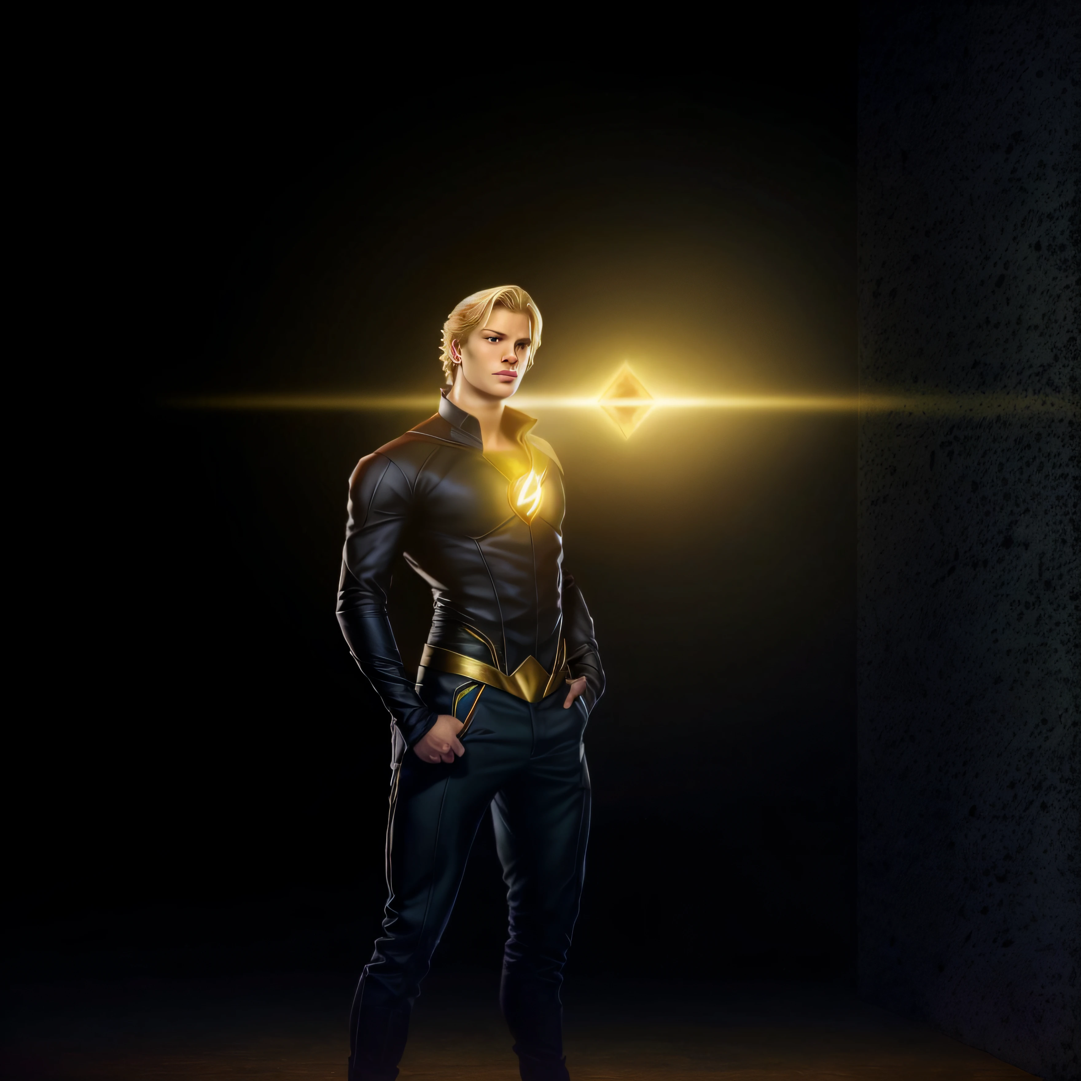 arafed man in a black suit with a yellow light, adam warlock, amazing wallpaper, textless, background artwork, fan art, glowing golden aura, wallpaper!, wallpaper background, hero, superhero portrait, johan liebert, homelander from the boys, flash gordon, phone wallpaper, asgardian, hero pose colorful city lighting