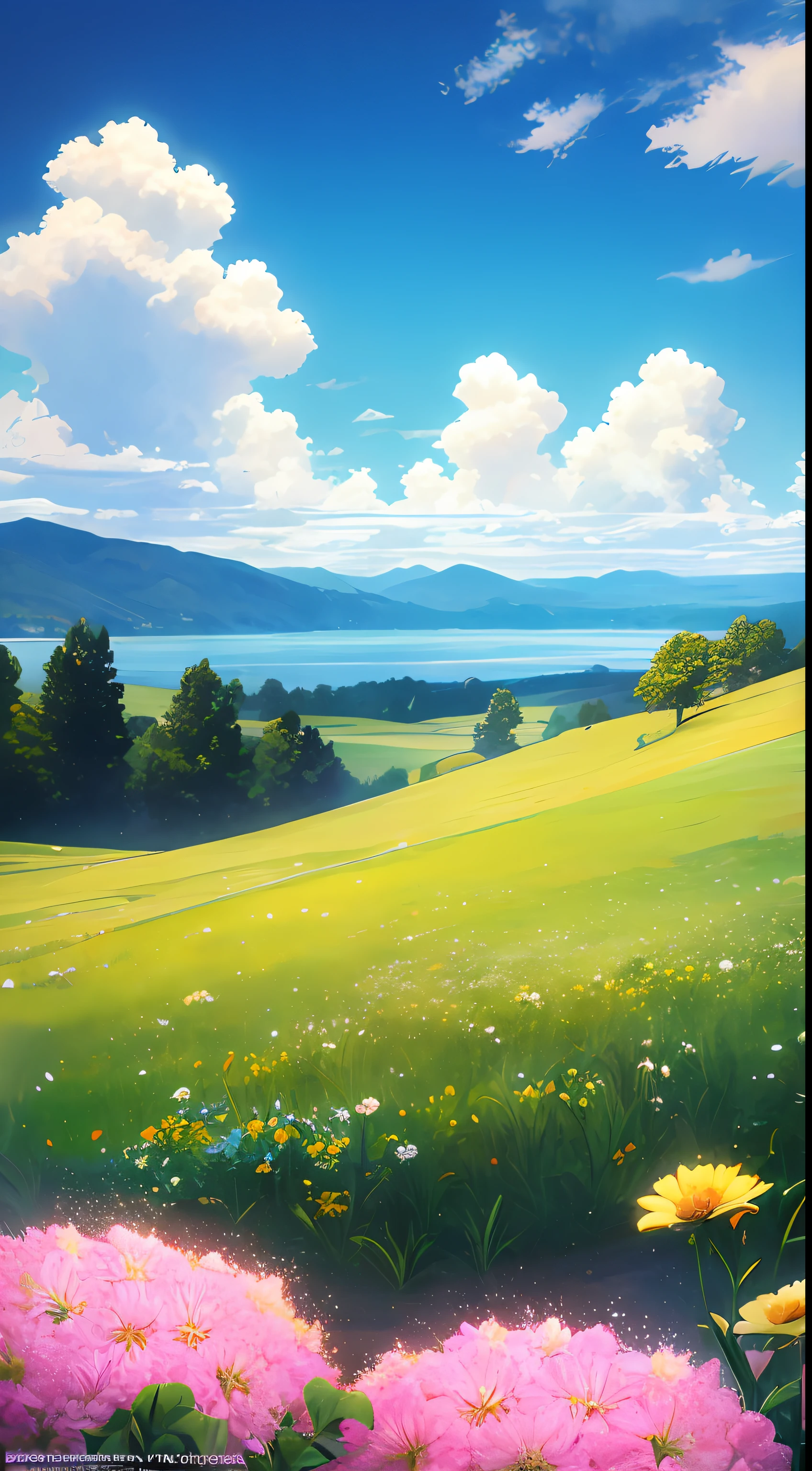 Summer, meadows, few small flowers, clear lakes, sheep, heaven, large clouds, blue sky, hot weather, HD detail, wet watermark, hyper-detail, cinematic, surrealism, soft light, deep field focus bokeh, distant view is snowy mountains, ray tracing, and surrealism. --v6