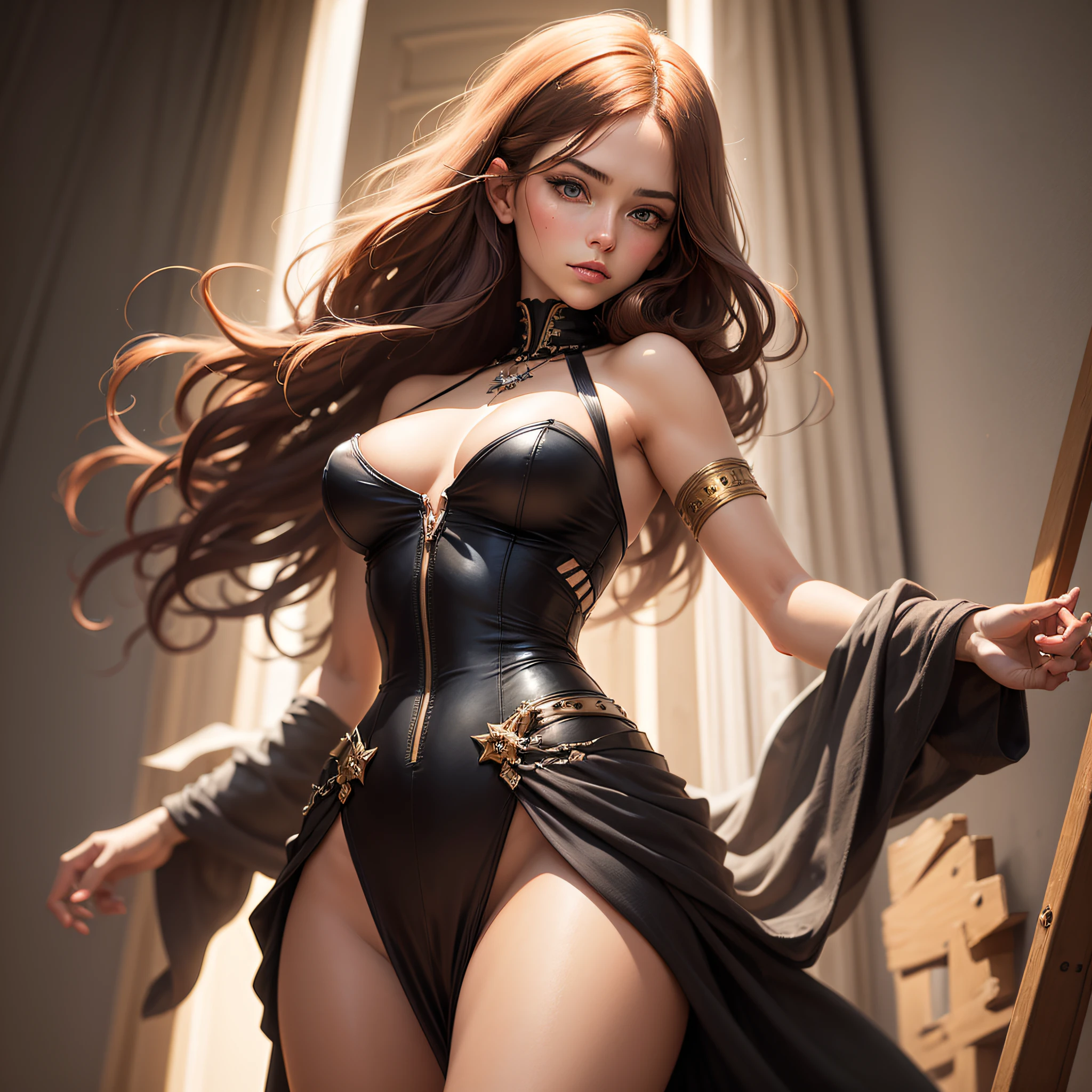 "Image Type: Oil Painting\n\nDescription: A woman of Nordic origin, with long red hair and young, European features. She has a broad bust and a lean, youthful body with well-defined curves. The painting should depict the character in charming and wild poses, conveying her sensuality and energy.\n\nArtistic Styles: Realism, Human Figure\n\nArtistic Inspirations: John Singer Sargent, Gustav Klimt\n\nCamera: N/A\n\nPlane: Medium Plane\n\nRendering Related Information: Use soft and precise brush strokes to capture the details of the character's facial features and body. Explore the use of rich colors and textures to bring the painting to life and convey the character's personality and sensuality." --auto