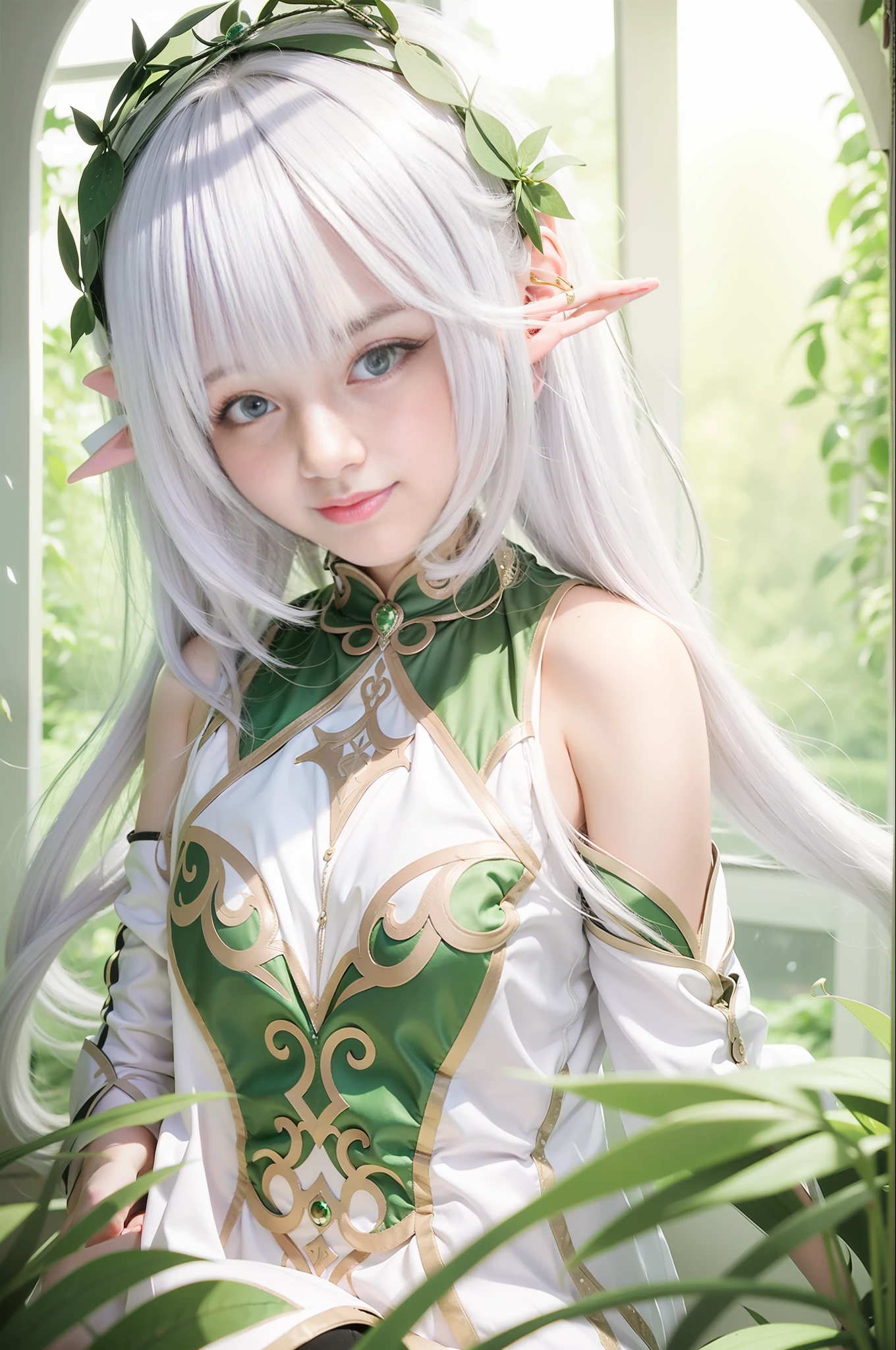 "Best image quality, super high resolution, (realistic: 1.4), girl with long white hair and green dress in front of window, seductive elf princess, elf girl, elf princess, elf princess knight, elf character with giggle, elf queen, portrait of elf queen, elf girl in flower dress, she has elf ears and golden eyes, portrait of elf".