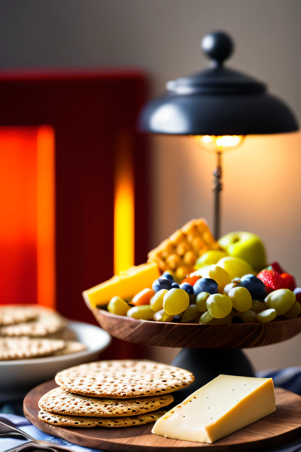 Drizzle honey over a cheese platter, accompanied by a selection of crackers and fresh fruit for a sweet and savory appetizer that will impress your guests. "London 1814 year, overcast, table, Rough appearance, cinematic, 6d cannon, octane rendering, ,8k, vintage aesthetic, mysterious aura, dark atmosphere, detailed face, mysterious aura, bright skin, good light."