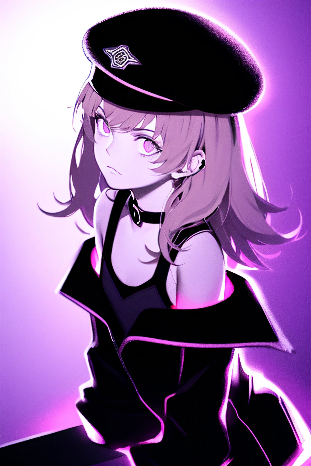 1 synth wave style girl, extremely detailed CG ,(masterpiece), (flat color:1.5), (best quality), (limited palette) , pink fluorescent paint, , noline art, silhouette, partially colored, (alternate color):1.4, dynamic angle, (pink, dark violet):1.3, dark violet shadow, (synth wave), (chromatic aberration) , (((thick) outline)), pink outline, (solo focus), pink neon lights, perfect shadow, cowboy shot, blank stare, beret, bowknot on beret, flat chest, wearing an off- shoulder floating jacket, short wavy delicate hair, blank stare, delicate face, bare shoulder, sitting on the top of the building, beautiful and delicate eyes, (1 girl):1.5, solo, from above, delicate background, streets with neon lights
