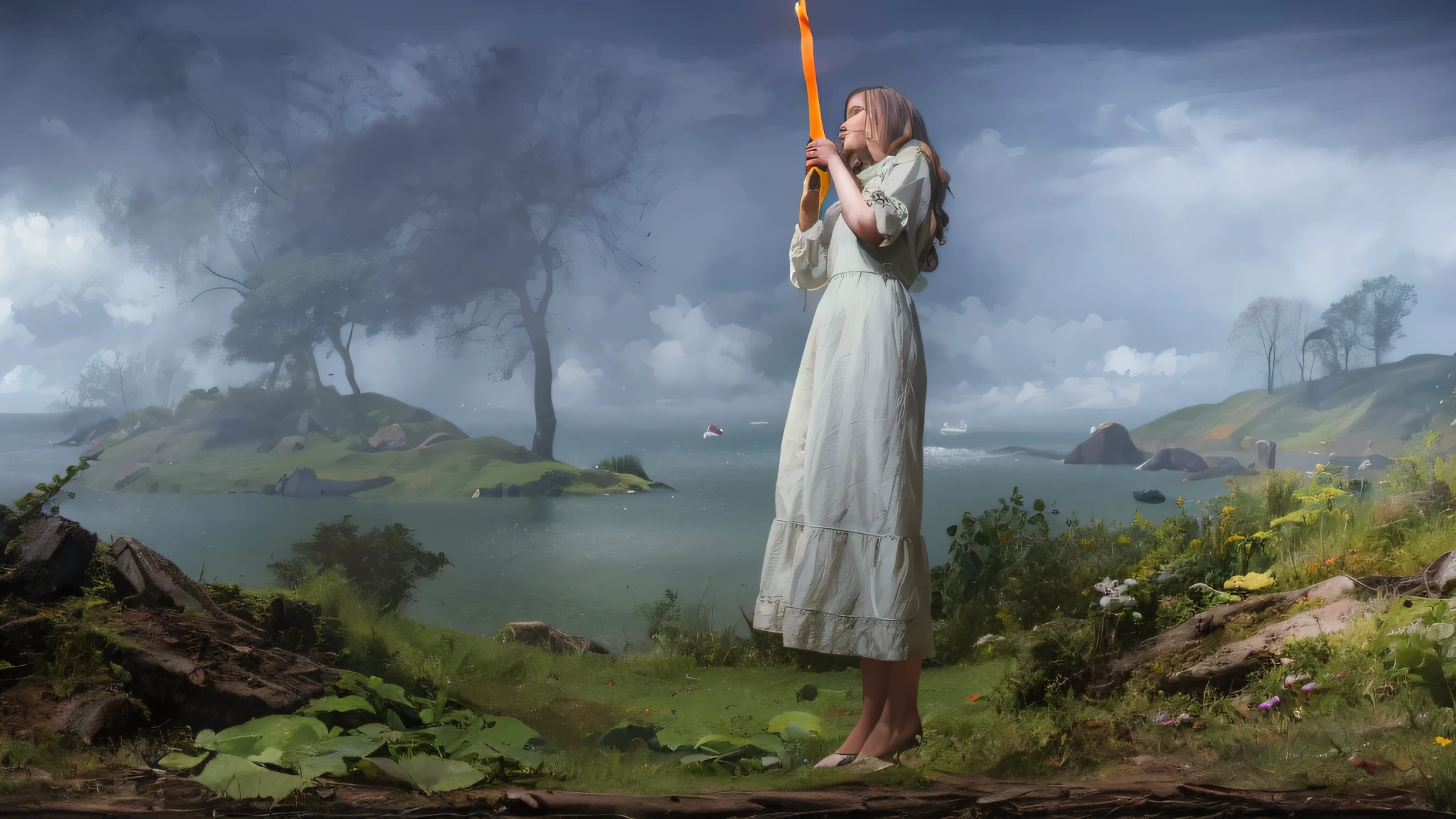 there is a woman holding a large orange object in a field, inspired by Arthur Hughes, inspired by Jens Ferdinand Willumsen, inspired by Arnold Böcklin, inspired by Thomas Stothard, inspired by Edward Robert Hughes, inspired by Joachim Patinir, inspired by Anna Füssli, alexandra fomina, inspired by Hieronymus Bosch