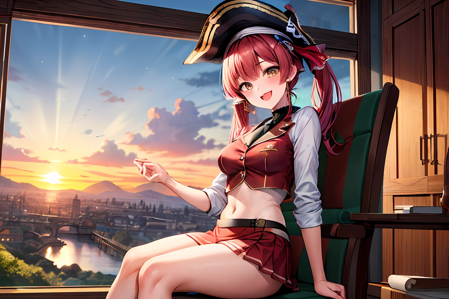 Houshou marine, wear a pirate hat, joyful, mischievous, close portrait, water color, oil painting, art, abstract, dreamy, fluffy, flower, ultra detailed, best quality, volumetric lighting, smiling eyes,((1girl)), (pony twin tail), vibrant, illustration