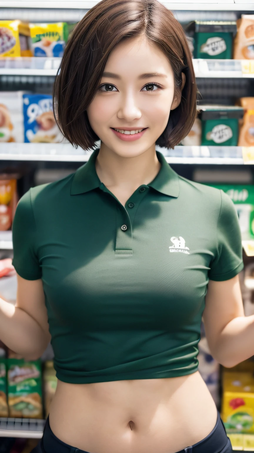 (Masterpiece:1.3), (8K, Photorealistic, RAW Photography, Best Quality: 1.4), Japan Girl, Beautiful Face, (Realistic Face), (Very Short Hair:1.3), Beautiful Hairstyle, Realistic Eyes, Beautiful Detail Eyes, (Realistic Skin), Beautiful Skin, Attractive, Ultra High Definition, Ultra Realistic, High Detail, Golden Ratio, (Detal Face: 1.2), Look at the Beholder,Smile, Dark green polo shirt with open chest, middle chest, knee up, background of supermarket shelves, lower body wearing only white underwear, baby face, smile,