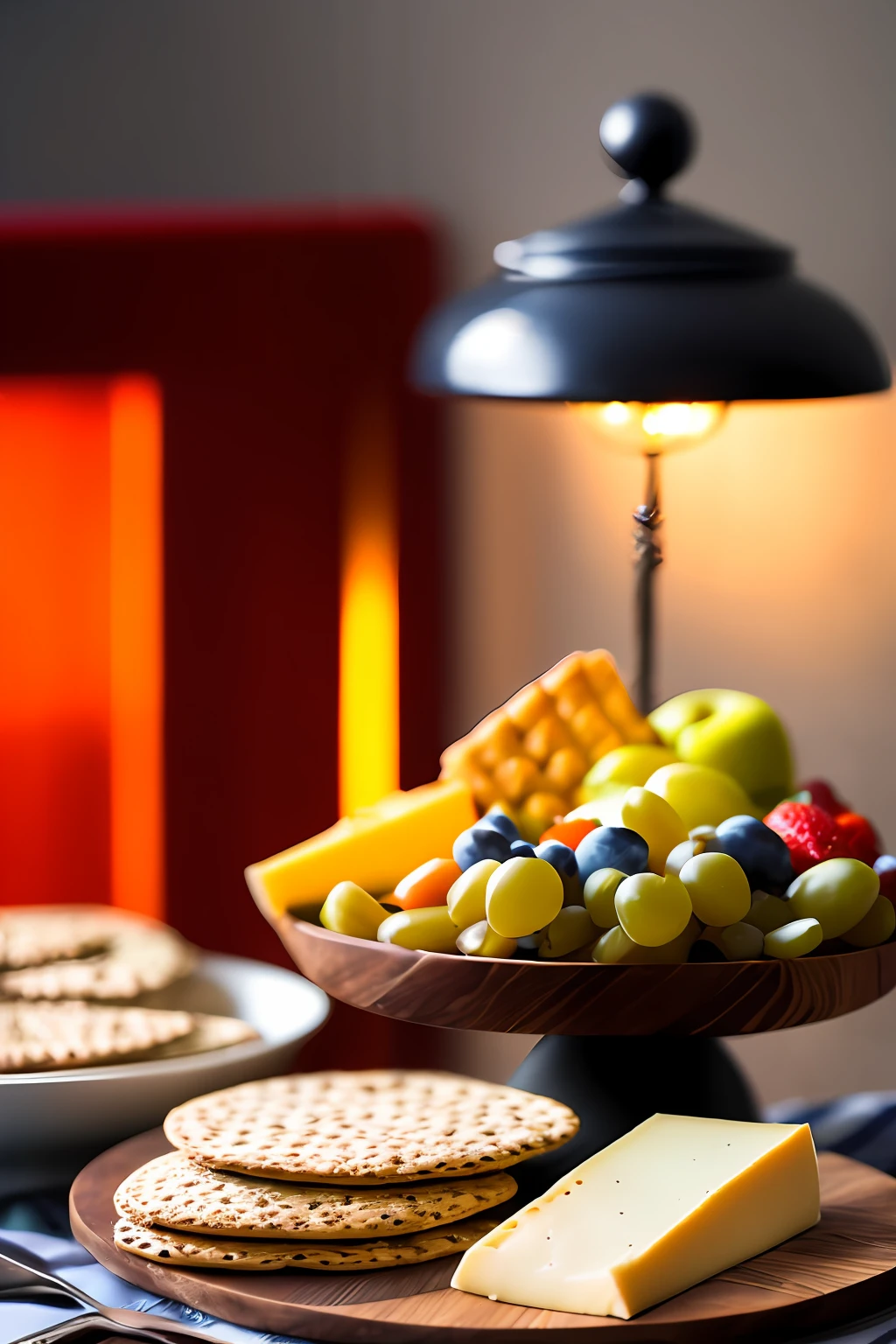 Drizzle honey over a cheese platter, accompanied by a selection of crackers and fresh fruit for a sweet and savory appetizer that will impress your guests. "London 1814 year, overcast, table, Rough appearance, cinematic, 6d cannon, octane rendering, ,8k, vintage aesthetic, mysterious aura, dark atmosphere, detailed face, mysterious aura, bright skin, good light."