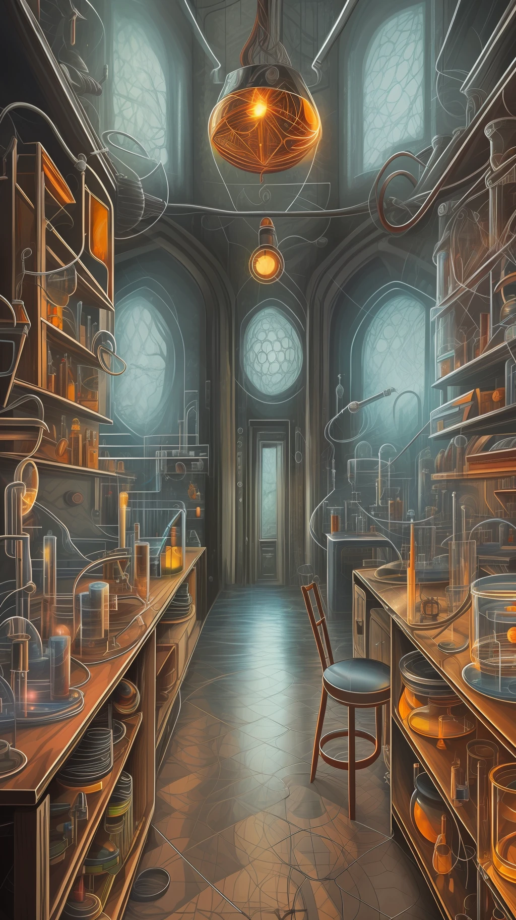 Mad scientist, [ dream art, energy spirals, gloomy weather], high quality, ancient laboratory,