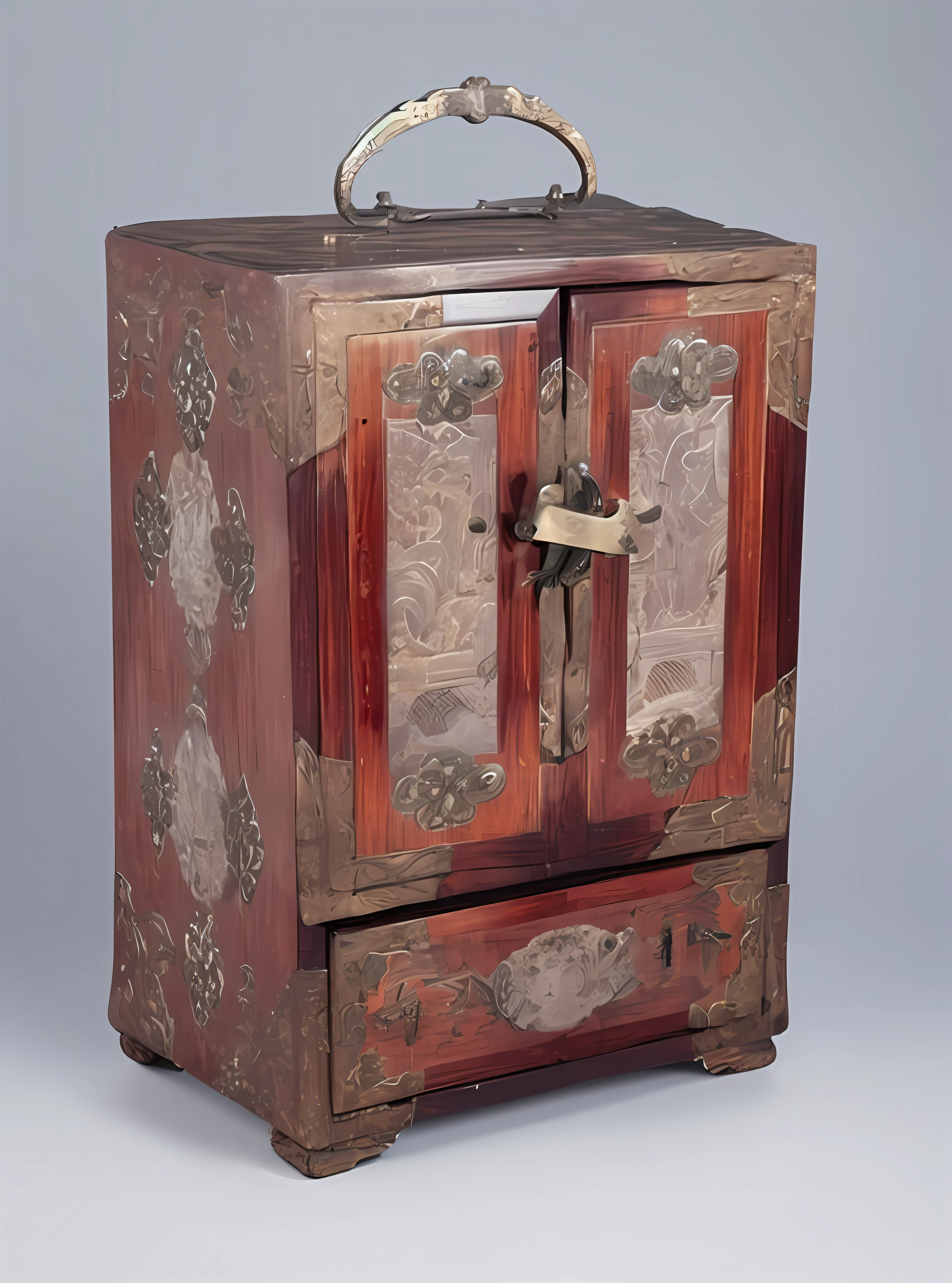 A closeup of a wooden cabinet with a handle, 1 4 8 0 s, 3D image, 8k image, drawing, 6 th century, 16th century, year 1 9 0 0, 1 7th century, 17th century, 1700s, 17th-century, 1 7 0 0 s, 1 6 0 0 s, gujian, 3D image, antique background.