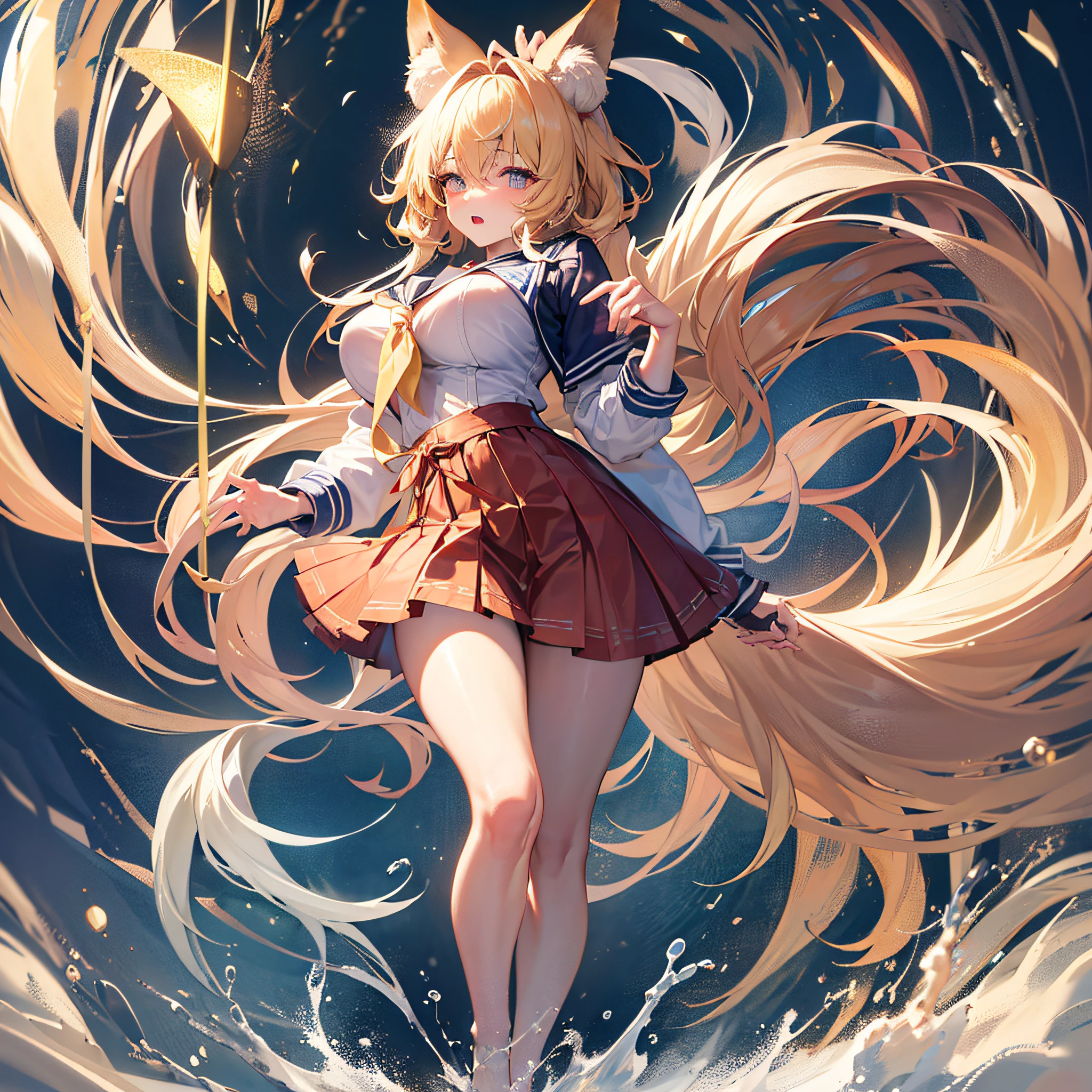 Absolutely beautiful fox girl, perfect slim body, mature royal sister face, yellow hair, large curly hair, sailor suit, sexy and seductive, beautiful face, full body portrait, standing pose, 4K picture quality, big body, feminine expression, blush shyness, deep eyes, huge breasts, short skirt, battle magic