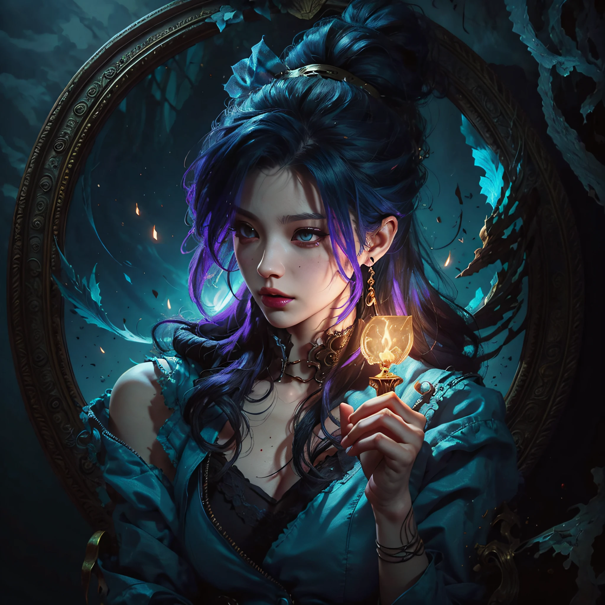 a close up of a person holding a oil lamp, arcane jinx, caitlyn from league of legends, extremely detailed artgerm, samira from league of legends, kda, from league of legends, jinx from league of legends, style artgerm, league of legends character, artgerm detailed, league of legends concept art, ashe