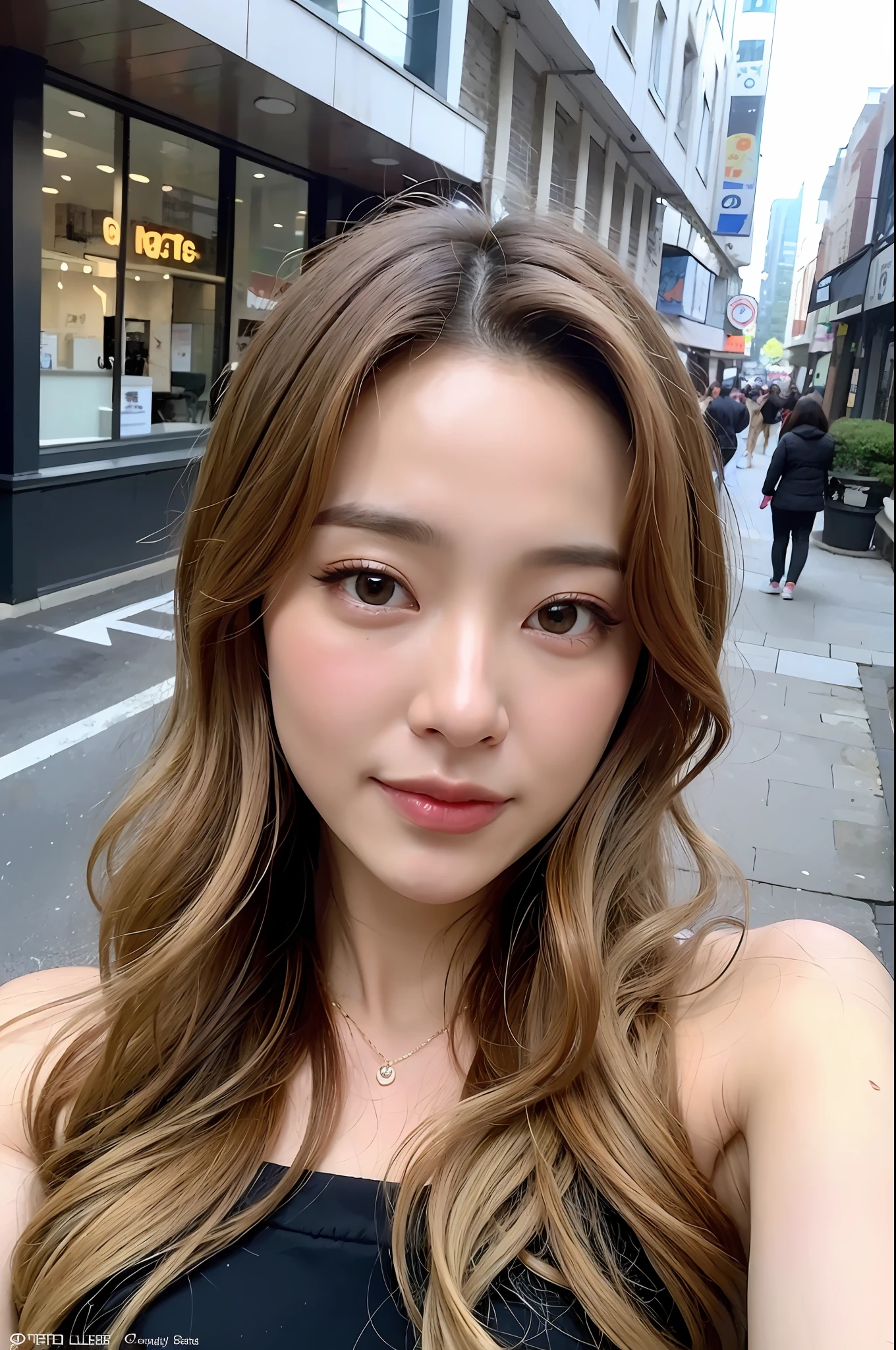 ((Top Quality, 8k, Masterpiece: 1.3)), 1 Girl, Smile, Slim Face, Pretty Woman, (Milk Tea Hair), Full-Length Dress: 1.1, Ultra Detailed Face, Detailed Eyes, Double Eyelids, Blurred Background, Slim Face, City, Outside, Street, Korean Women, Curly Hair, Layer Cut, Long Hair, Light Beige Hair