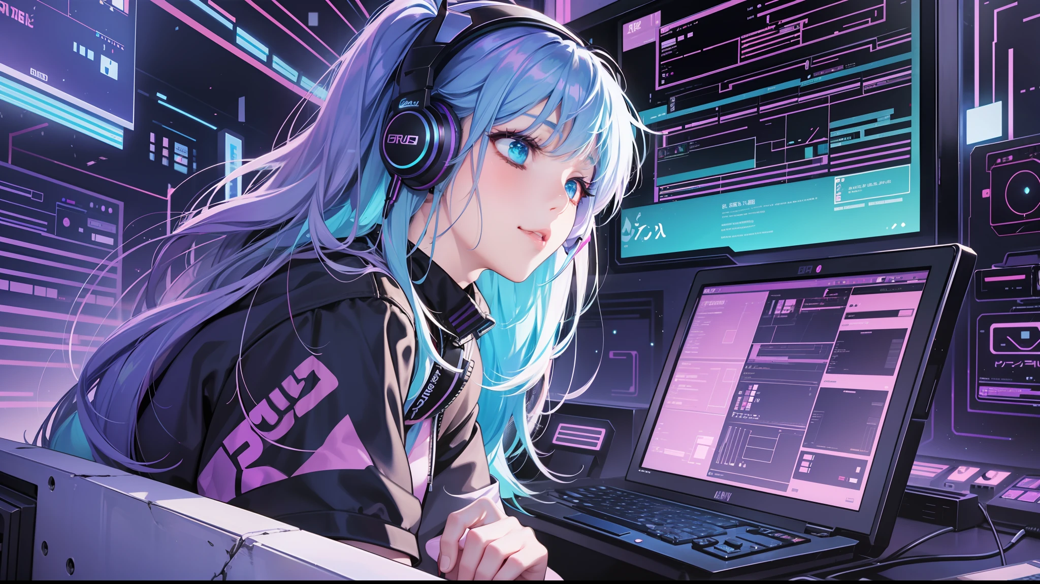 Woman with peace sense headset, closed eyes, beautiful face, RGB colors, bright purple hair, anime, banner for youtube video, happy girl, clouds with RGB colors, bright RGB colors.