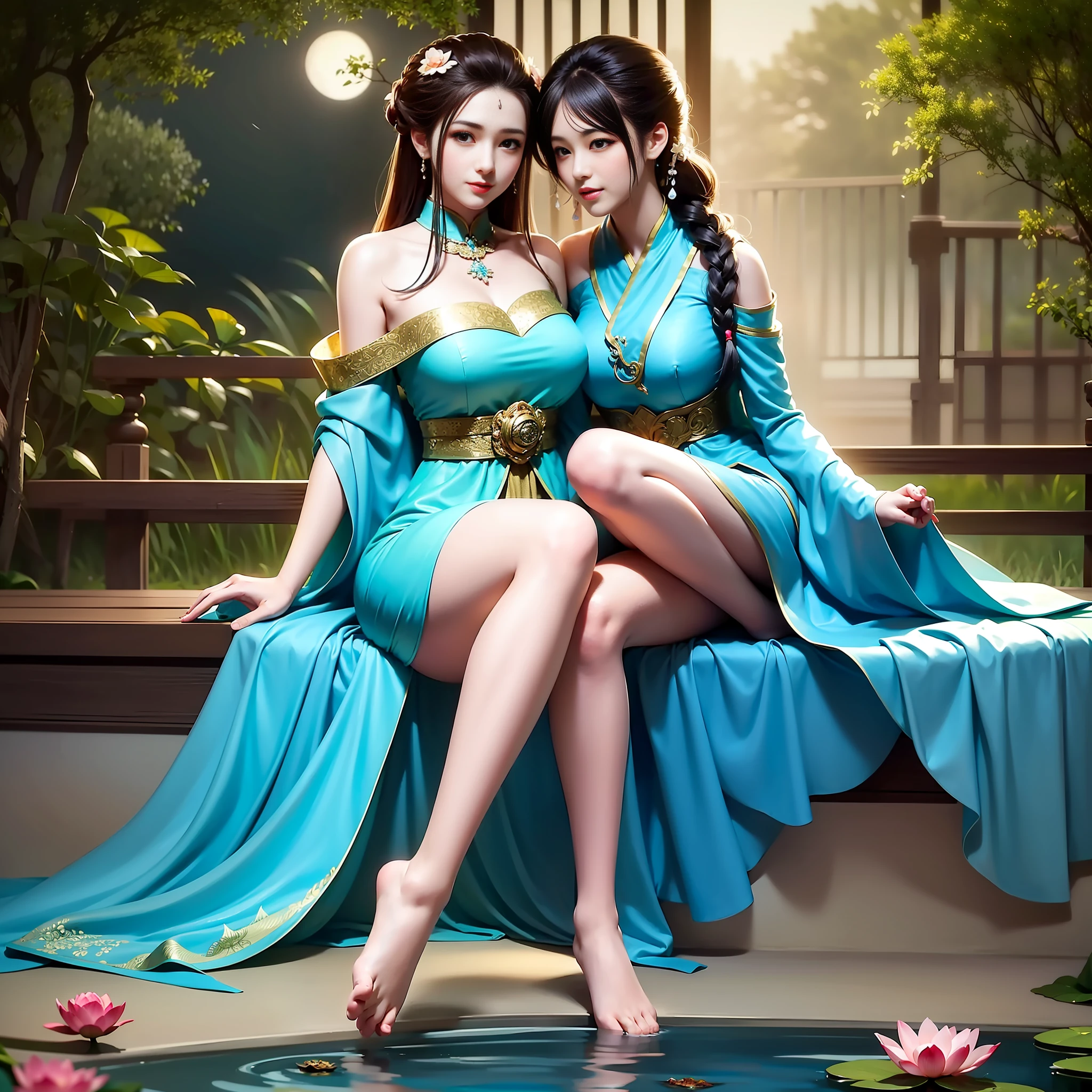 Sitting by a lake full of lotus flowers, feet playing in the water, the art depicts a charming woman with a melon face, dressed in a flowing, silky traditional oriental dress, long, aqua blue, decorated with intricate patterns and bright colors. Her dress drapes elegantly over her curvy figure, accentuating her seductive silhouette. She sits gracefully by the tranquil lotus lake, her feet playing in the water, bathed in the soft glow of the moonlight. The scene exudes an ethereal and dreamy atmosphere, with a touch of mystery and sexiness. The graphic style blends watercolor and digital illustration techniques to evoke a refined beauty and charm. The lights are filled with soft moonlight, casting soft highlights and shadows on her charming features. Bare thighs, big breasts, three-dimensional facial features, sitting, upturned legs, side braids