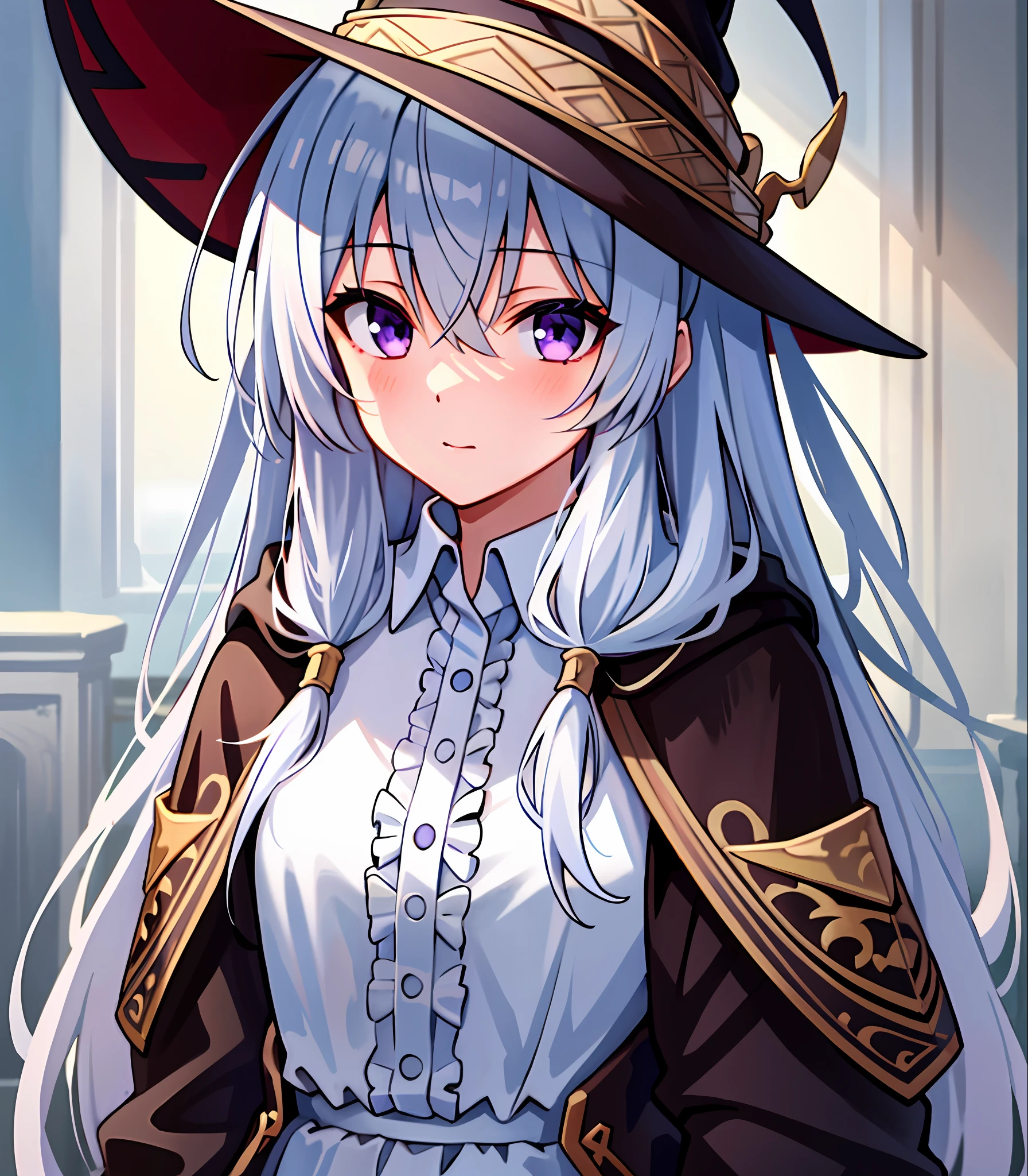 masterpiece, best quality, 1girl, elaina_(majo_no_tabitabi), silver hair, purple eyes, long hair, hat