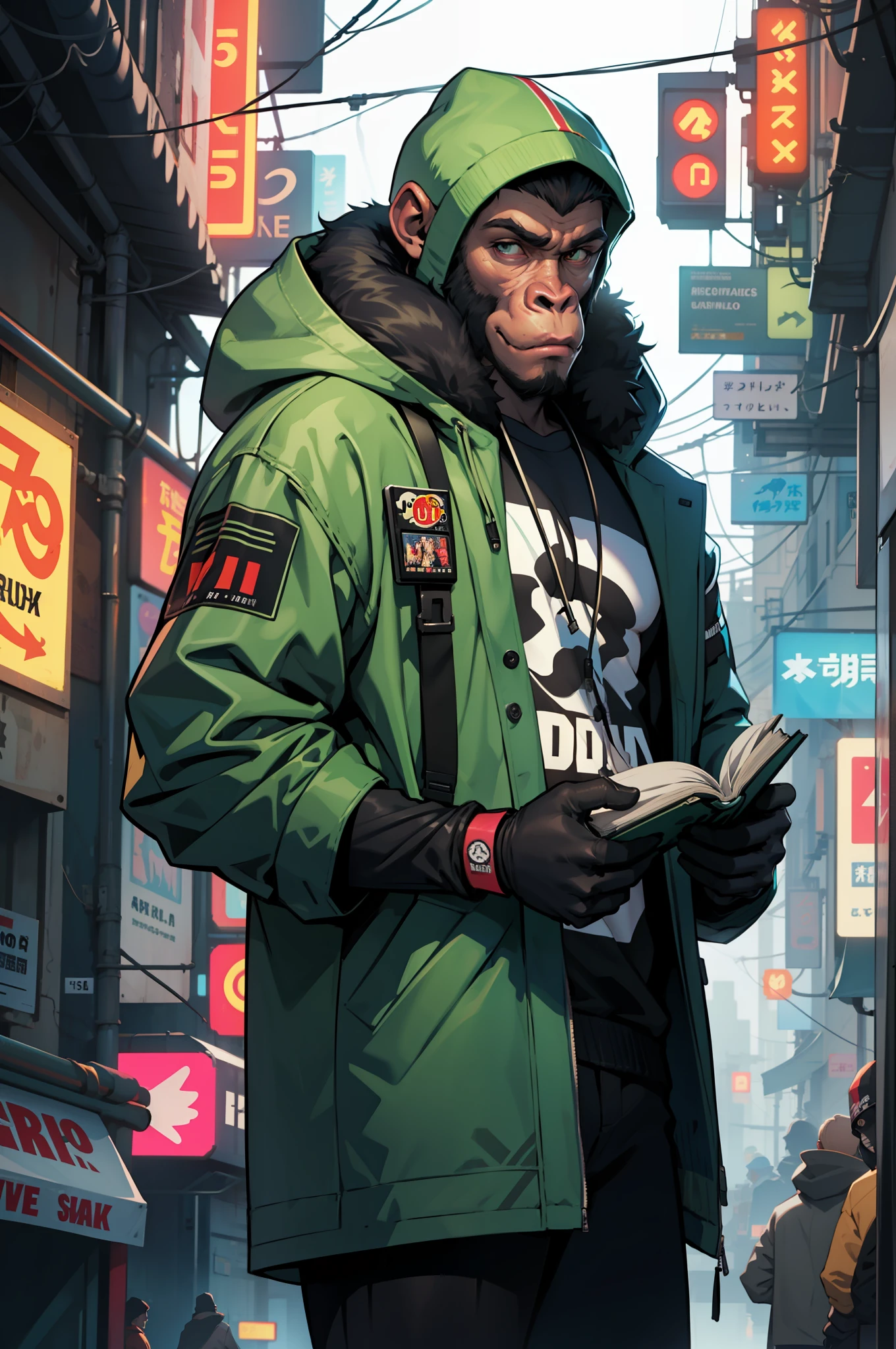 masterpiece, best quality, photorealistic ,fashion monkey, gorilla, blurry, book, cable, cyberpunk, gloves, green coat, holding, hood, solo,illustration, cartoon, cute, digital art