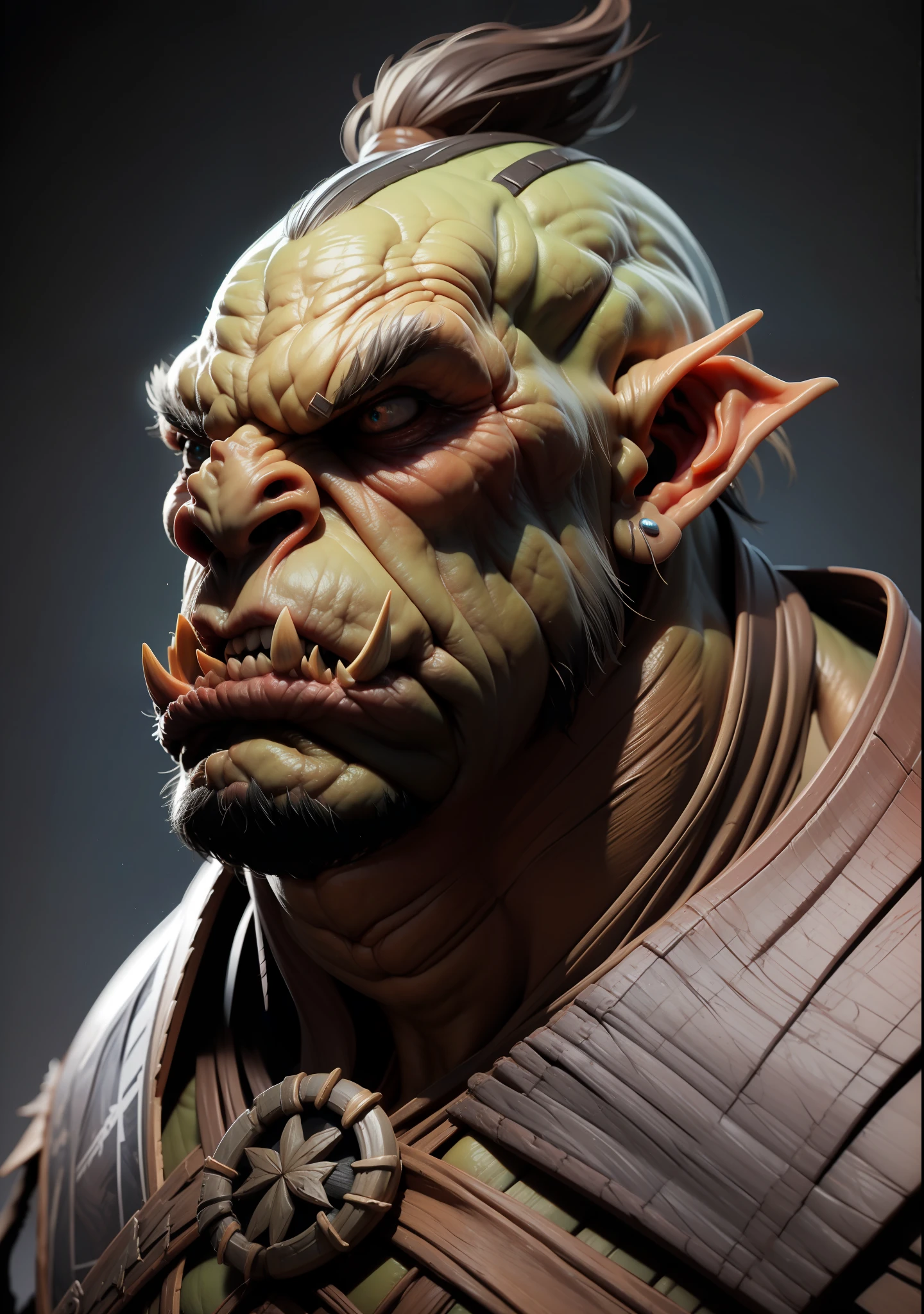 Closeup profile portrait, Orc (warcraft) warrior, terror, horror, ultra realistic, angry, chaos like Background --s 750