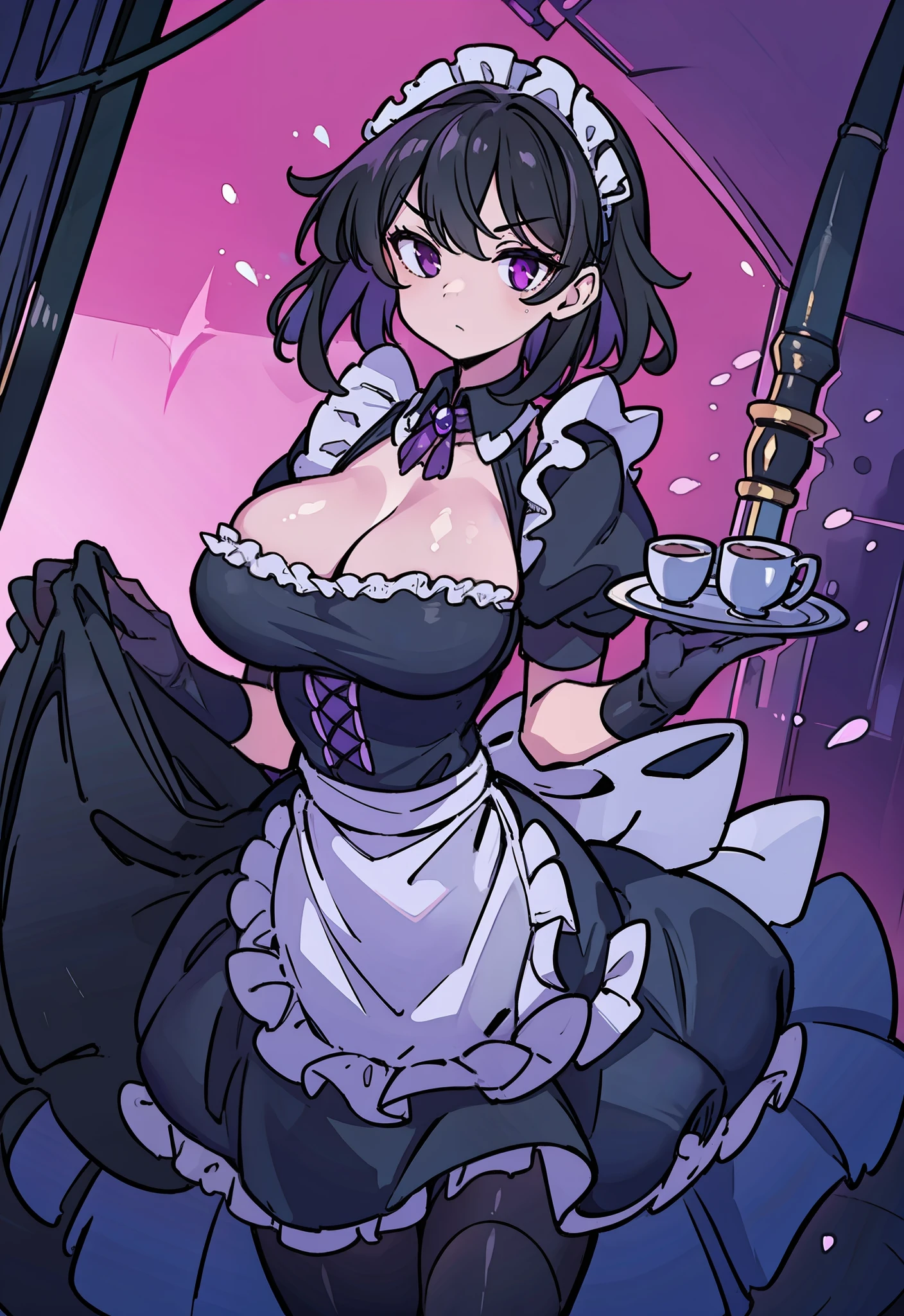 (((Masterpiece))),(((best quality))), solo,1girl,Maid outfit, black hair, purple eyes,large breasts,clevage,expressionless
