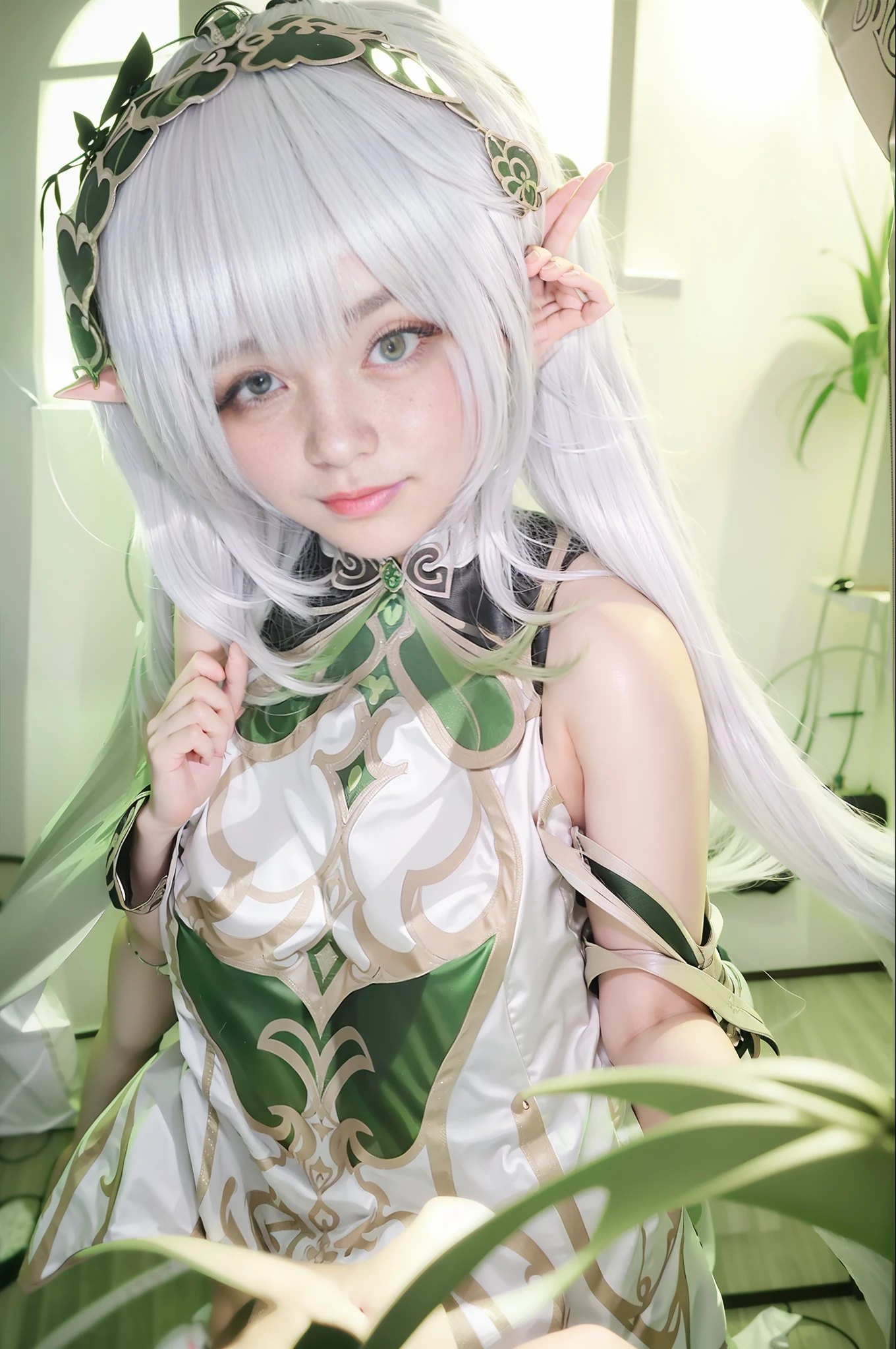 "Best image quality, super high resolution, (realistic: 1.4), girl with long white hair and green dress in front of window, seductive elf princess, elf girl, elf princess, elf princess knight, elf character with giggle, elf queen, portrait of elf queen, elf girl in flower dress, she has elf ears and golden eyes, portrait of elf".