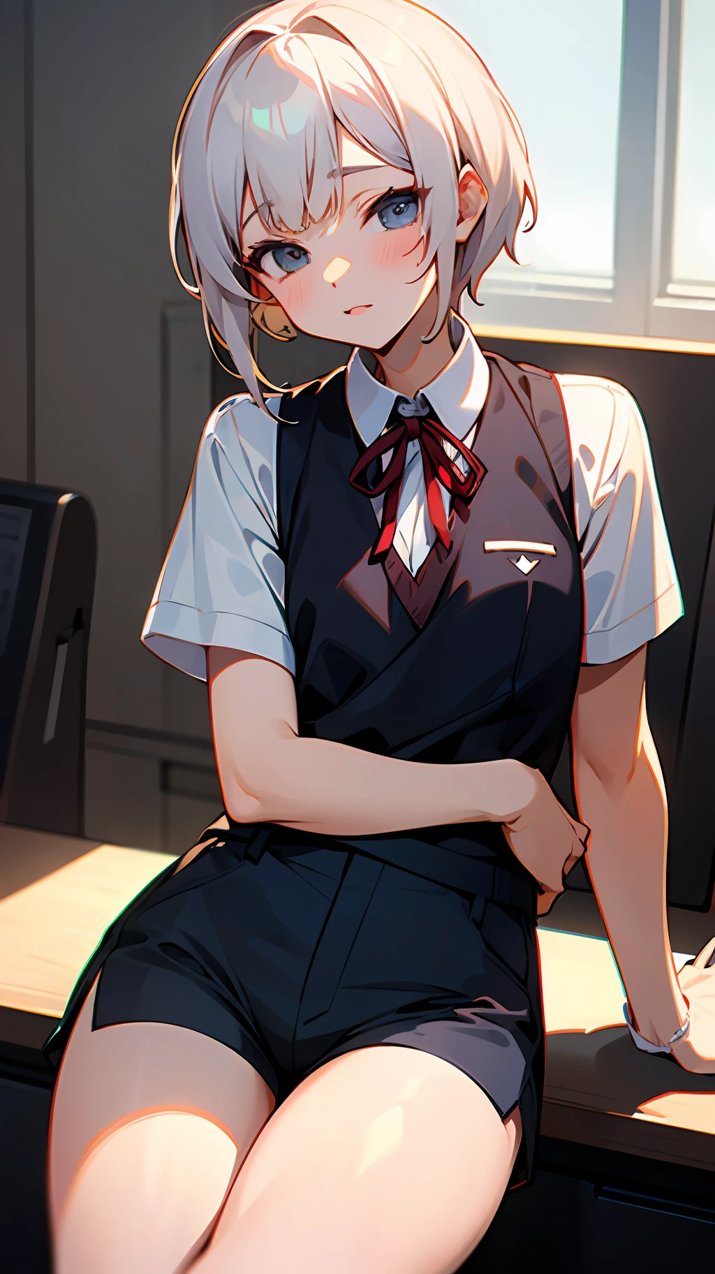 Office boy in office clothes. Beautiful and delicate man. Nayoyaka. White blouse, chest ribbon and navy vest. Navy shorts with exposed thighs. --auto