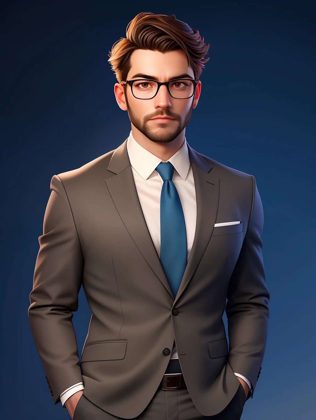 The presenter portrayed is an elegant and professional 30-year-old man. He wears glasses, which add an intellectual touch to his look, and his well-groomed beard conveys a sophisticated appearance. Wearing a well-fitting suit, he exudes confidence and authority.

The portrait shows the presenter with his body directly forward, demonstrating his assertive posture and charisma. His look conveys a mixture of seriousness and warmth, suggesting that he is able to balance professionalism with a friendly approach.

With his image and style, the presenter is able to convey a striking presence on stage or screen. His appearance reflects his ability to connect with the audience, imparting knowledge and engaging them in his presentation in a captivating way. Ultra-detailed realism images