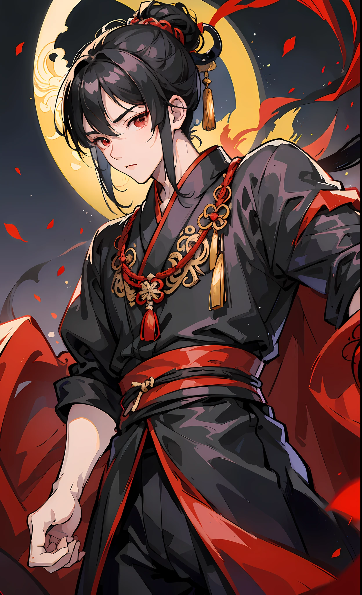 A Chinese young man in his daoist martial outfit holding a highly detailed katana,long black hair, dark night background, red eyes, highly detailed --auto --s2
