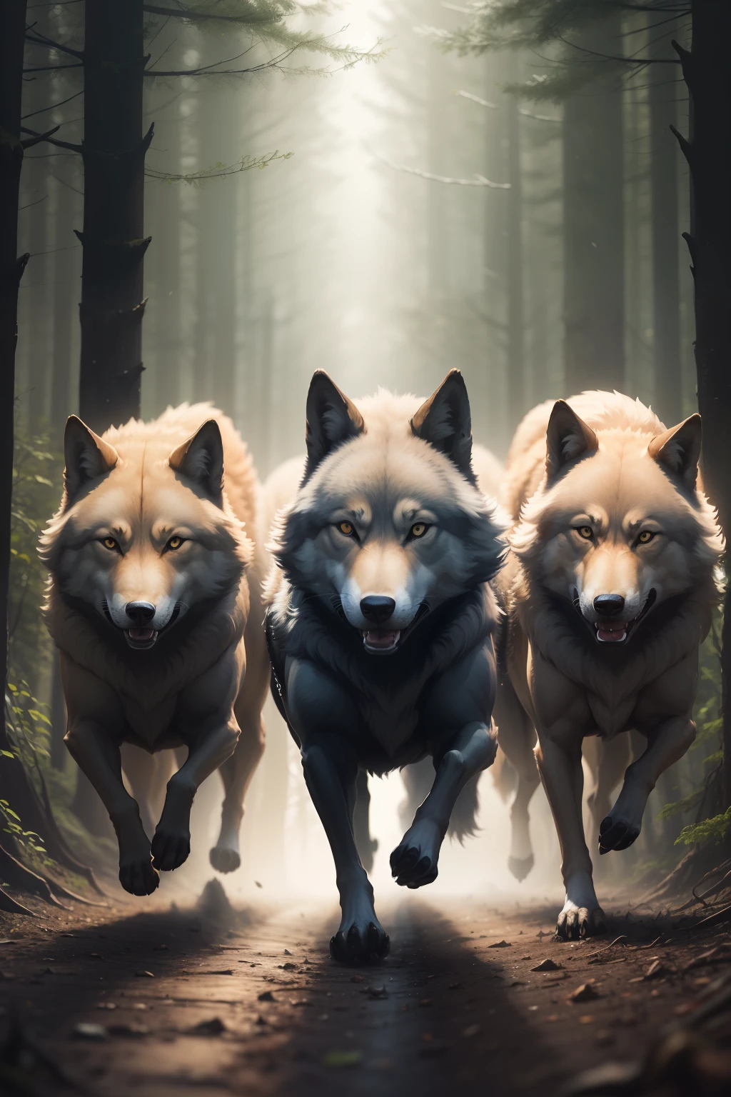 Three wolves running, seen from afar, dark forest background with mists
