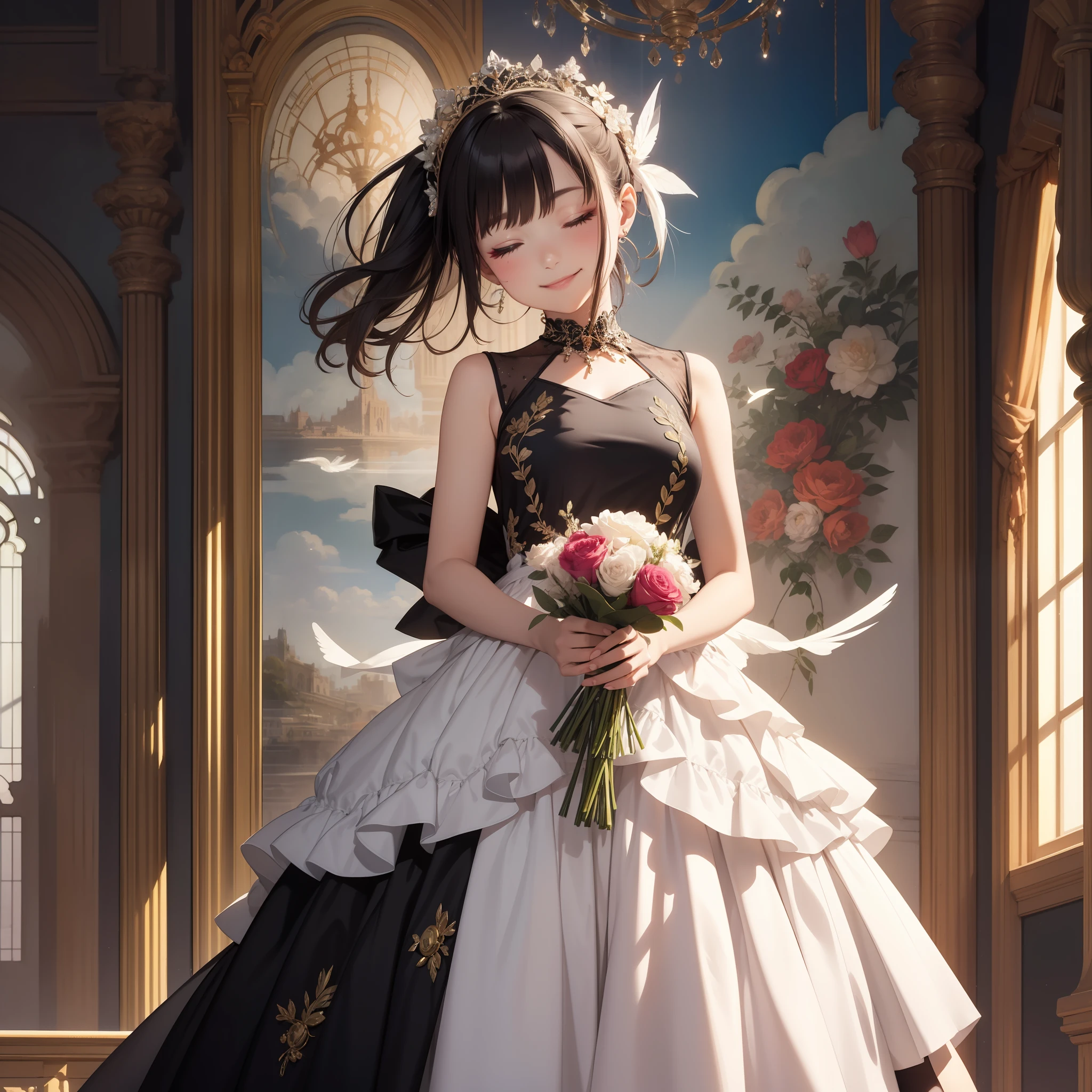 2D: 9, illusion, hazy painting style, watercolor, blessed smile, mouth closed smile, smile with one eye closed, neat, dainty, drooping eyes, round eyes, bruises, prone to down, docile, cute, composition looking up from diagonally below, holding a large luxurious bouquet in hand, clear sunlight, 1 , up-haired, tying hair at the back, beautiful hair fastening, gorgeous embroidered dress, luxurious dress, Ruffled dress, natural makeup, world painted with stained glass, kaleidoscope tone, feather breath,