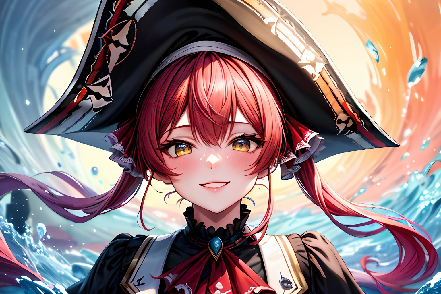 Houshou marine, wear a pirate hat, joyful, mischievous, close portrait, water color, oil painting, art, abstract, dreamy, fluffy, flower, ultra detailed, best quality, volumetric lighting, smiling eyes,((1girl)), (pony twin tail), vibrant, illustration