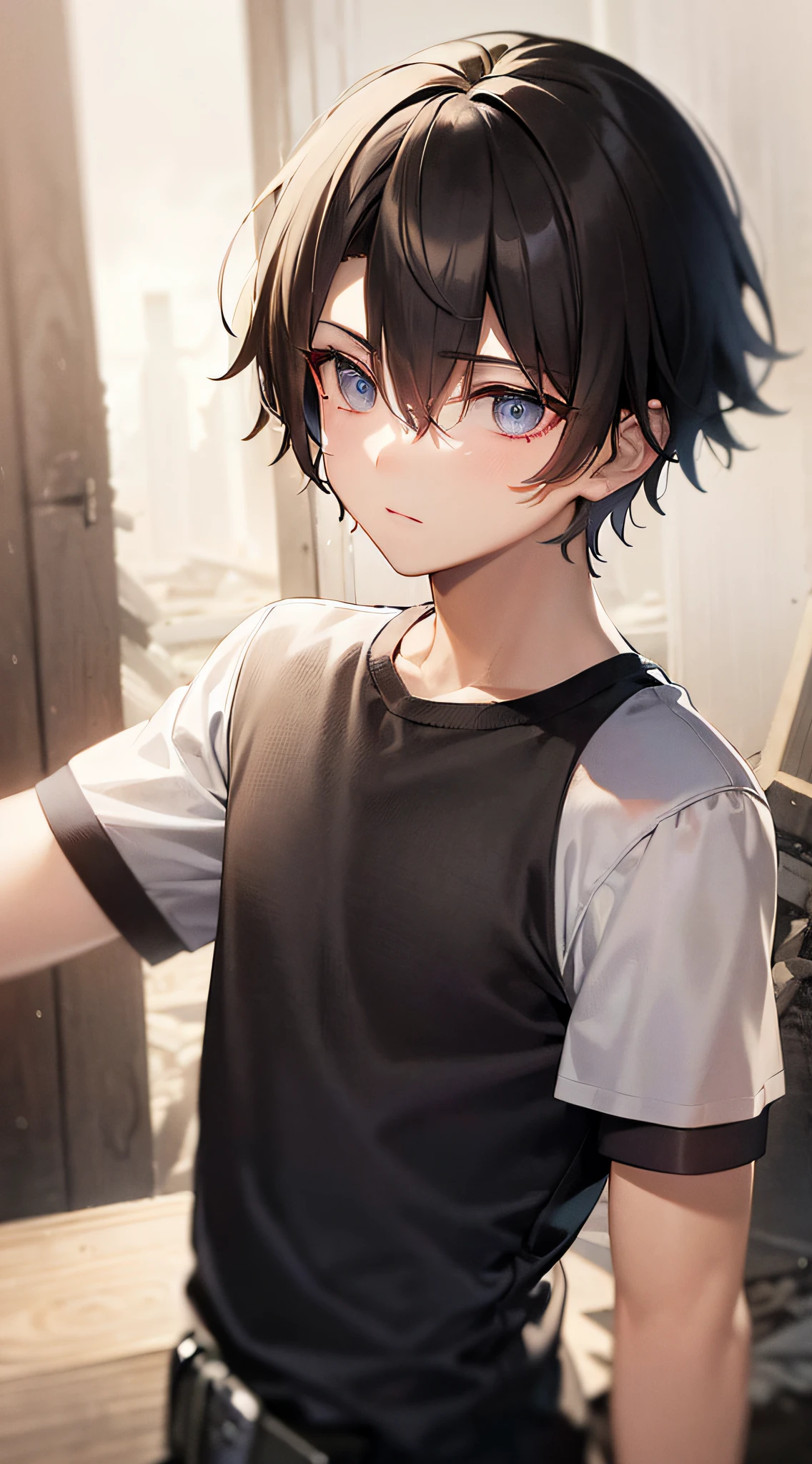 ((A male:1.5)), ((boy:1.2)), first-person view, upper body, (cold light: 1.5), blue_eyes, (heart in eye:1.5), hair_between_eyes, (hair pulled back:1.5), (Zaffre eyes color:1.1), (holding a bow gift box:1.2), (short sleeves JK_shirt:1.5), fruit pattern, looking_at_viewer, male_focus, short_hair, (post-apocalyptic:1.2), (ruins:1.5), rain, styled with a captivating hairdo, accentuated with bangs and hair between eyes, highlighting his distinctive and stylish black and short hair, this dynamic composition expertly showcases his strong male focus, in a manner that captivates and intrigues viewers