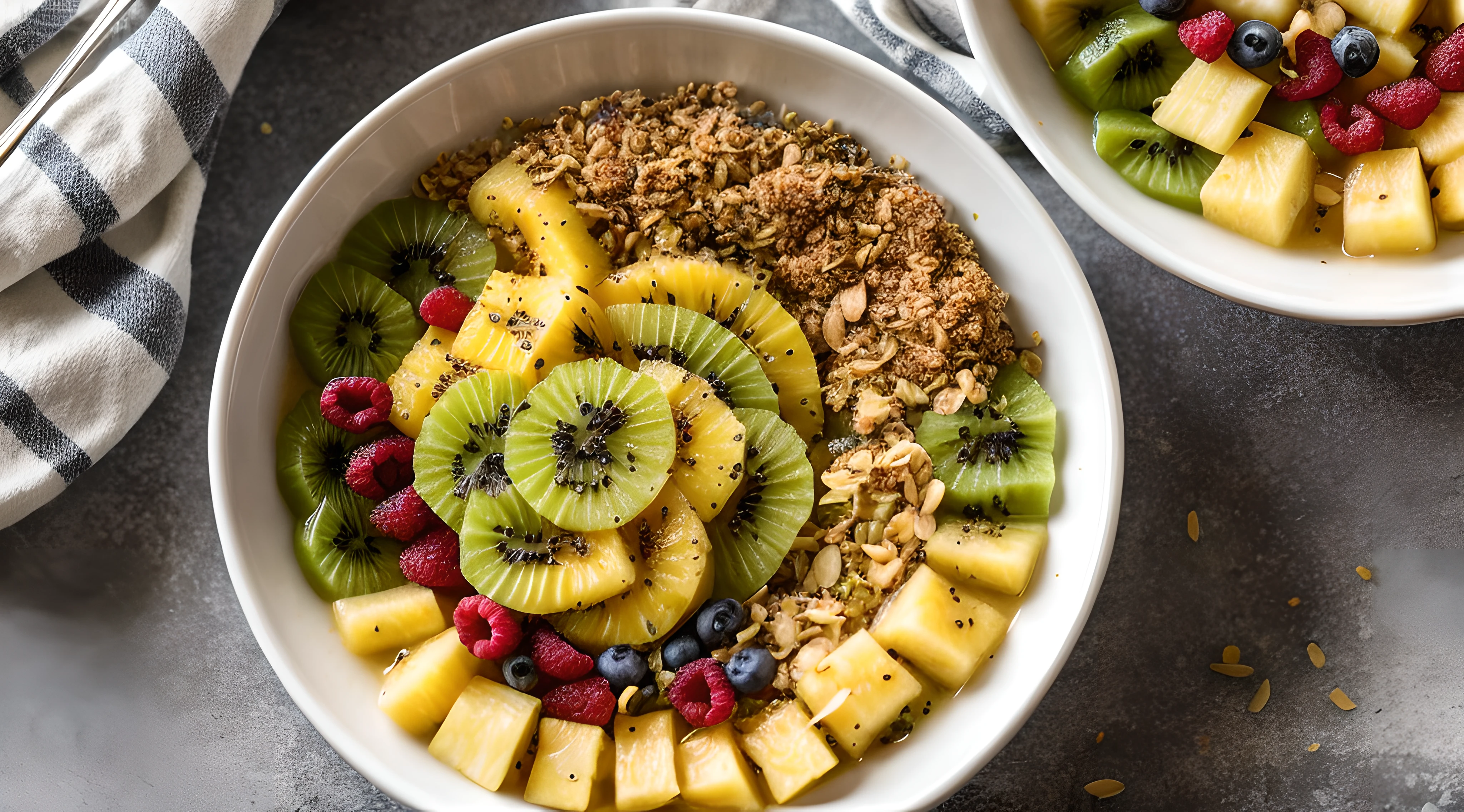 A vibrant and colorful tropical smoothie bowl with ripe mango, juicy pineapple, and tangy kiwi, topped with crunchy granola and shredded coconut. The smoothie is thick and creamy, with a refreshing sweetness and a hint of tartness.
Modifiers: Bold, vibrant, rich, aromatic, spicy, savory, tangy, sweet, fresh, crunchy, chewy, melt-in-your-mouth, zesty, succulent.
The image should be captured in high resolution to showcase the vibrant colors and intricate details of the dish. The lighting should be soft and natural to highlight the textures and flavors of the food.