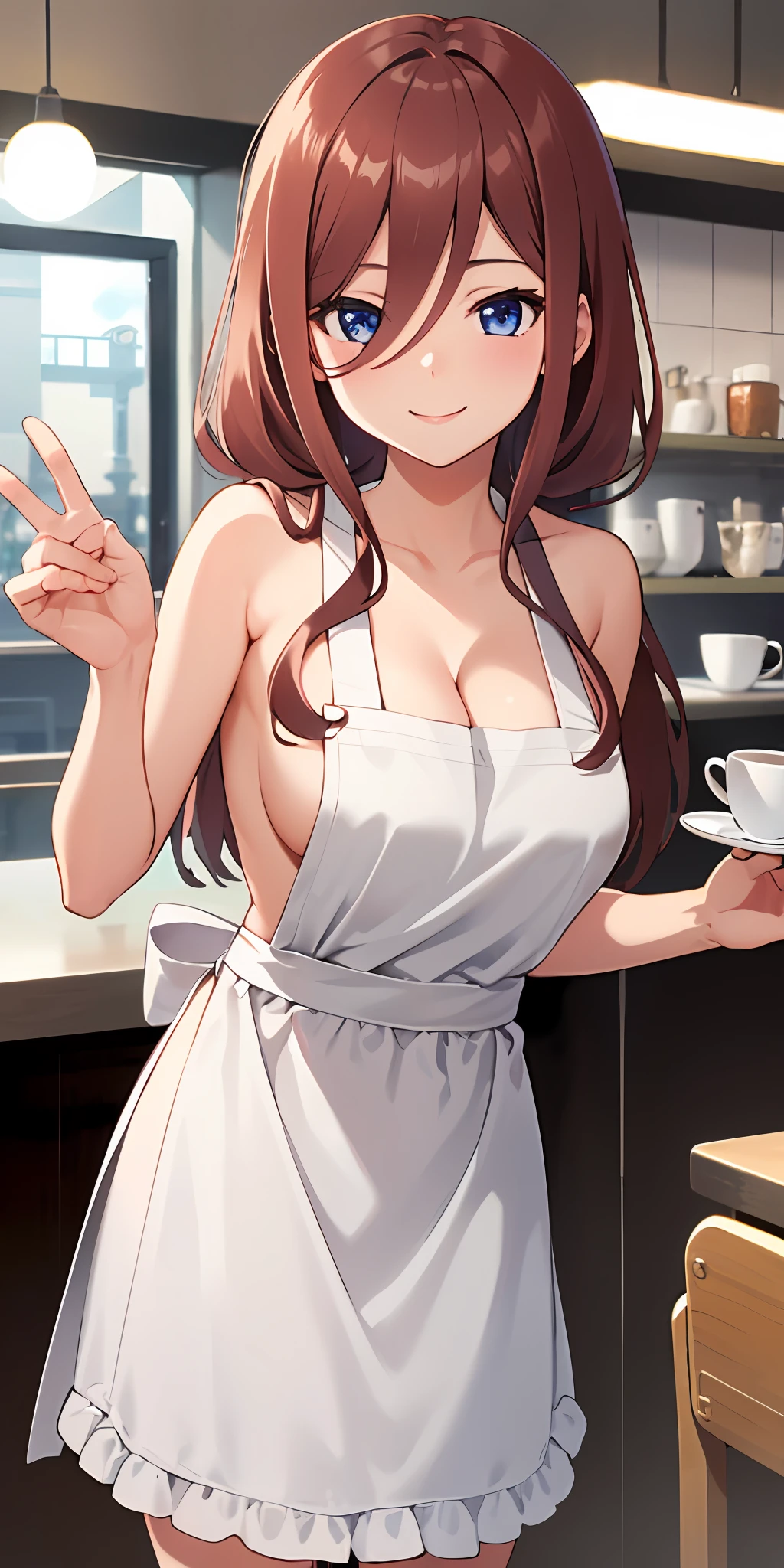 (Best quality:1.3), nakano miku, brown long hair, hair between eyes, (naked:1.3), (apron), cleavage, busty, standing, (pov), smiling, cafe