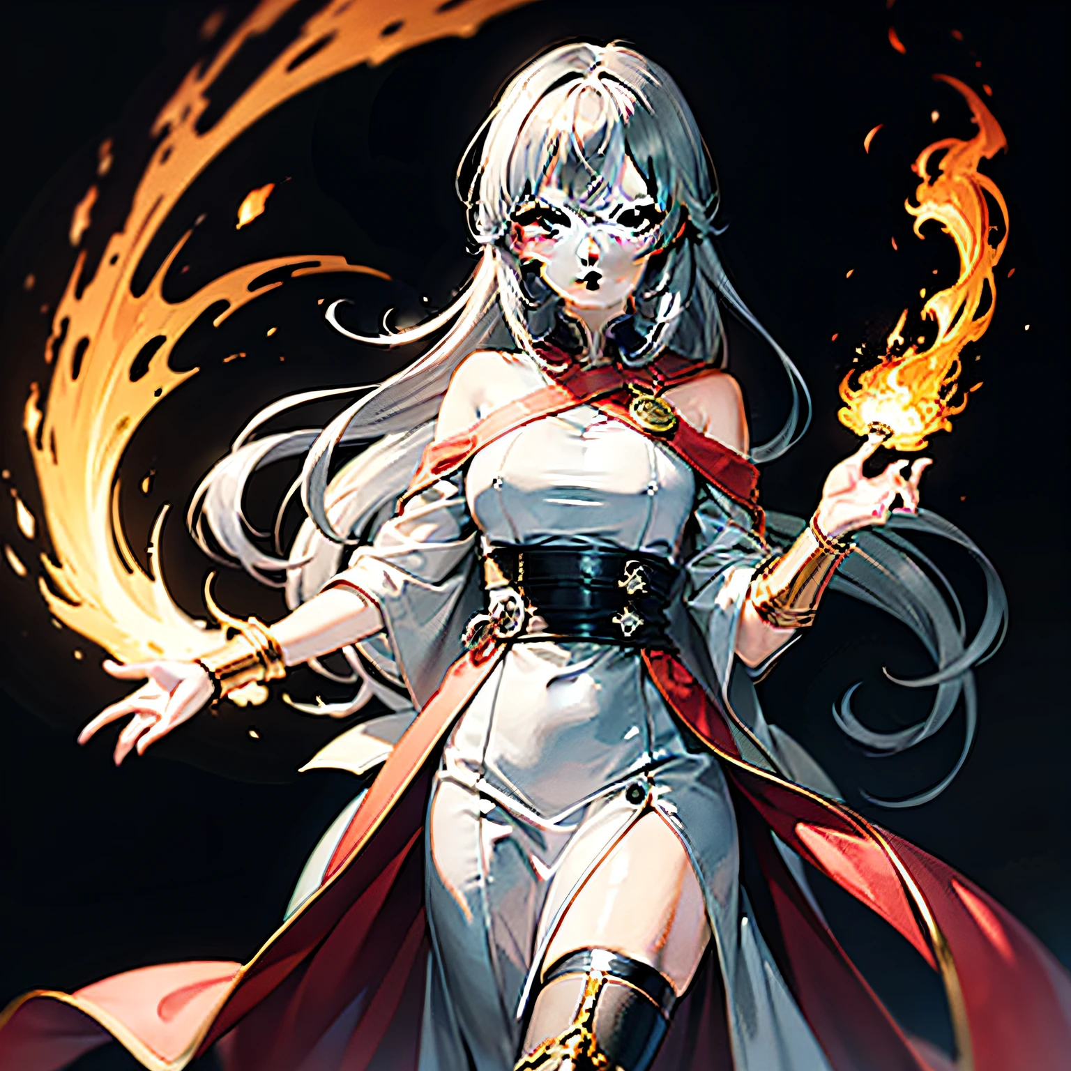 In the black forest, a girl with long silver hair, holding a golden flame in her hands, anime style