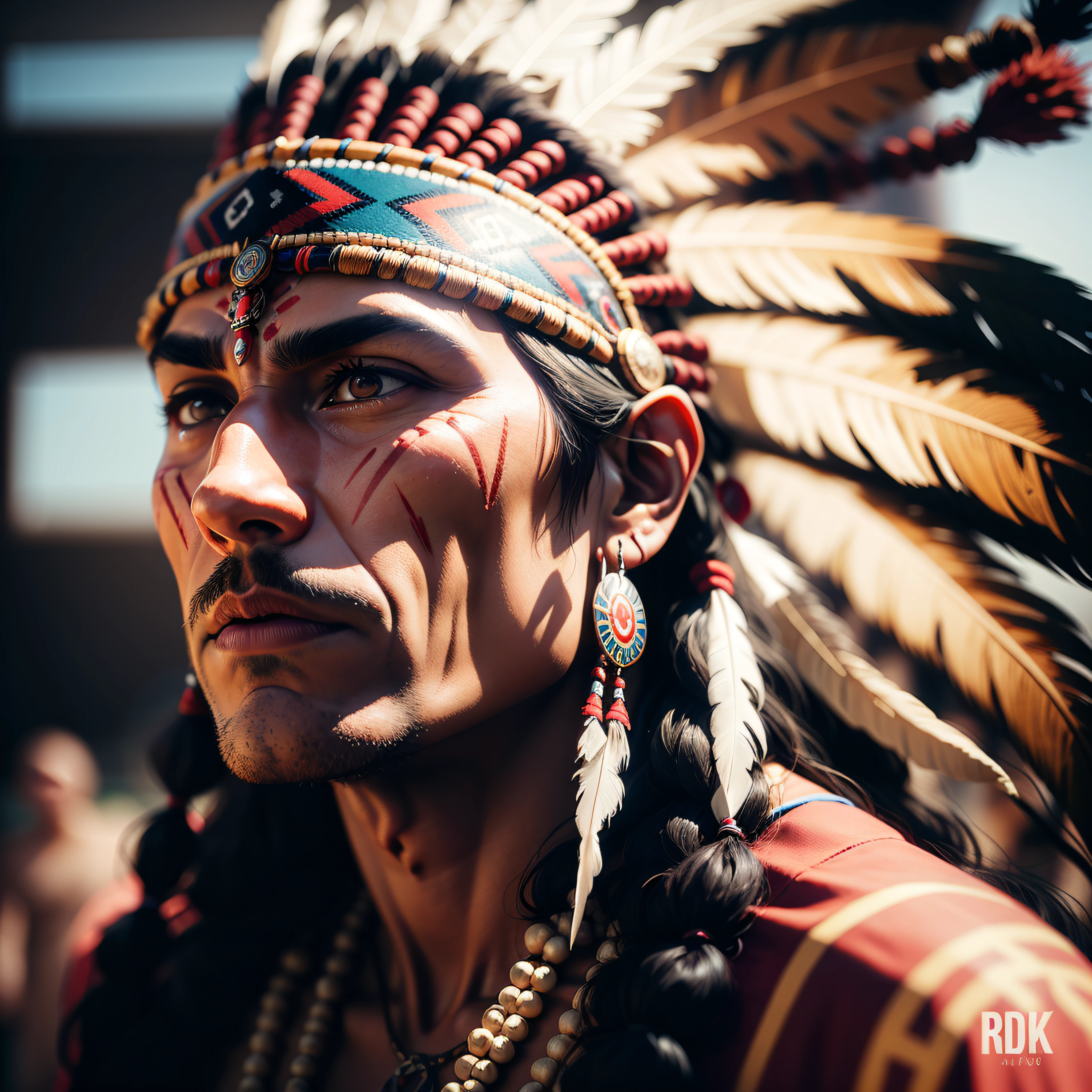 Arafed man with a feather headdress, Indian warrior, skilled Apache warrior, powerful warrior, thoughtful 4k expression, Native American warrior, Indian man. Hyper detailed, Aztec warrior, thoughtful expression, a Native American warrior, spiritual warrior, tribal face paintings, an Aztec warrior, ultra realistic, 8k, 20mp, fujji film, perfect details, few noises, ultra realistic, cinematic lighting --auto