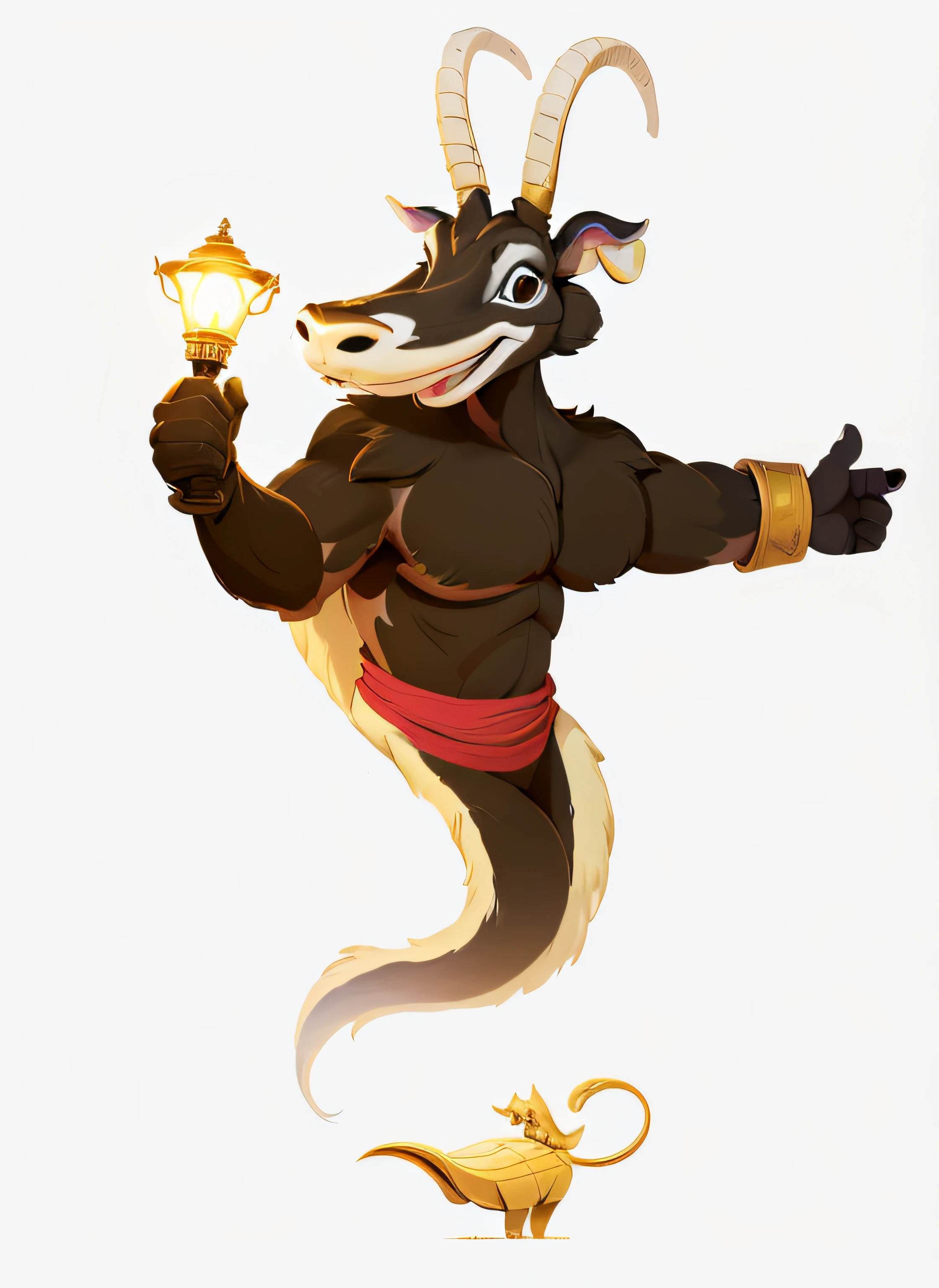 there is a cartoon of a goat with a lamp in hand, commission for high res, furry stylized disney, furaffinity commission, fursona commission, furry furry art commission, official art, highres, as an anthropomorphic dragon, lowres, fursona art, commission, oc commission, inspired by Don Bluth, Photo by DivineStatue InkPunk (extra gun), A brown goat, with long chres that make a small curvature at 25 degrees back, A band of white hair passes between his eyes and follows the same shade of hair around his nostrils and mouth, the goat smiles with long, white teeth, his body is from the neck down as if he were a genie coming out of a magic lamp, full body, opening his arms, trend of complex conceptual art highly detailed with low-poly eyes Artstation 8K