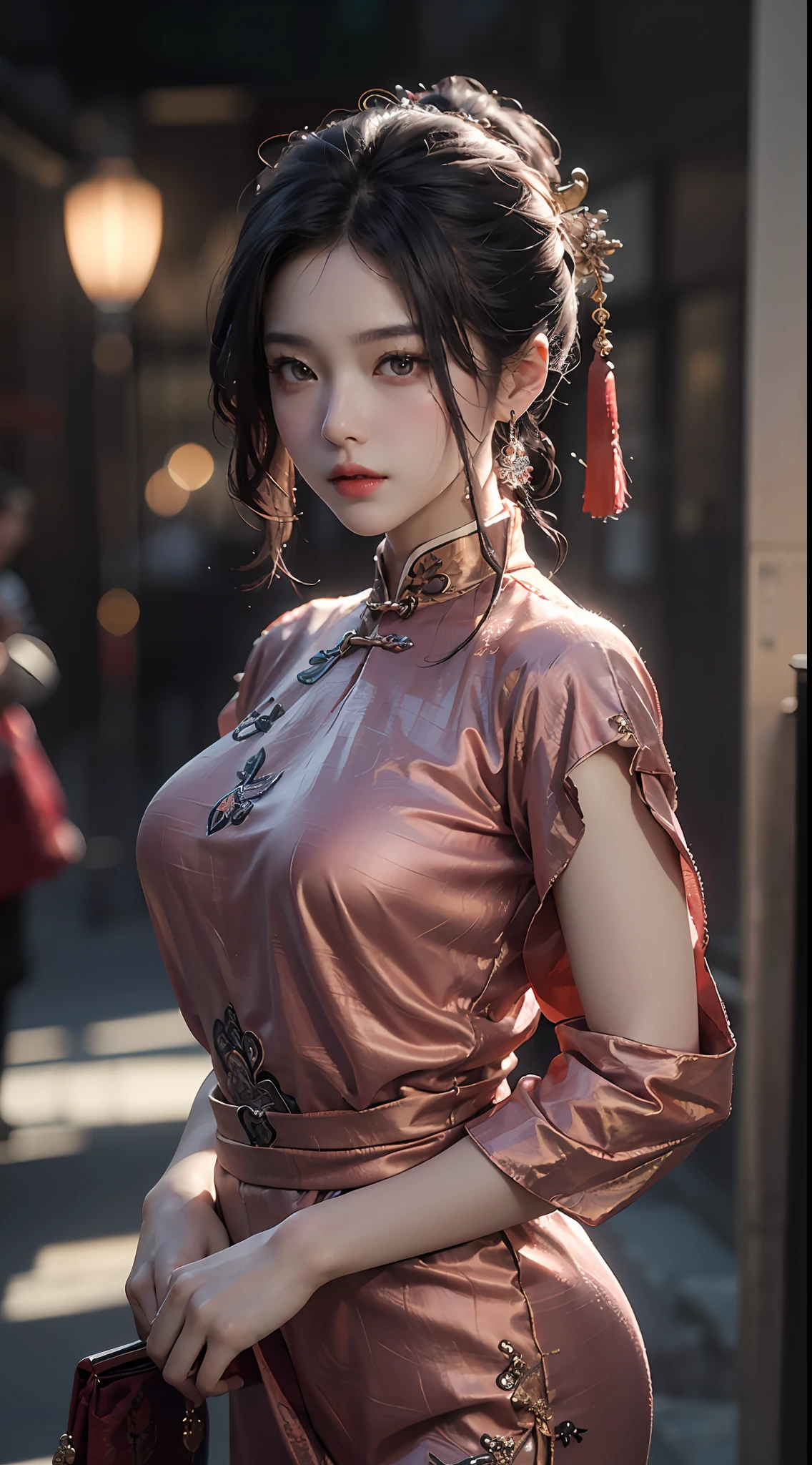 Best Quality, (RAW Photos: 1.2), (Masterpiece: 1.4), (Realistic: 1.4), (High resolution: 1.4), Chinese actress Gulinazha, depth of field, intricate details, 8k, very detailed, perfect lighting, epic background, big bust 1.3, girl group makeup